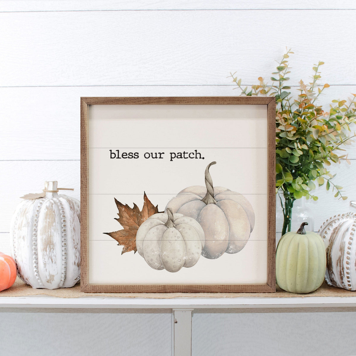 Kendrick Home Walnut Frames Bless Our Patch White Pumpkins Printed and Framed Wall Sign