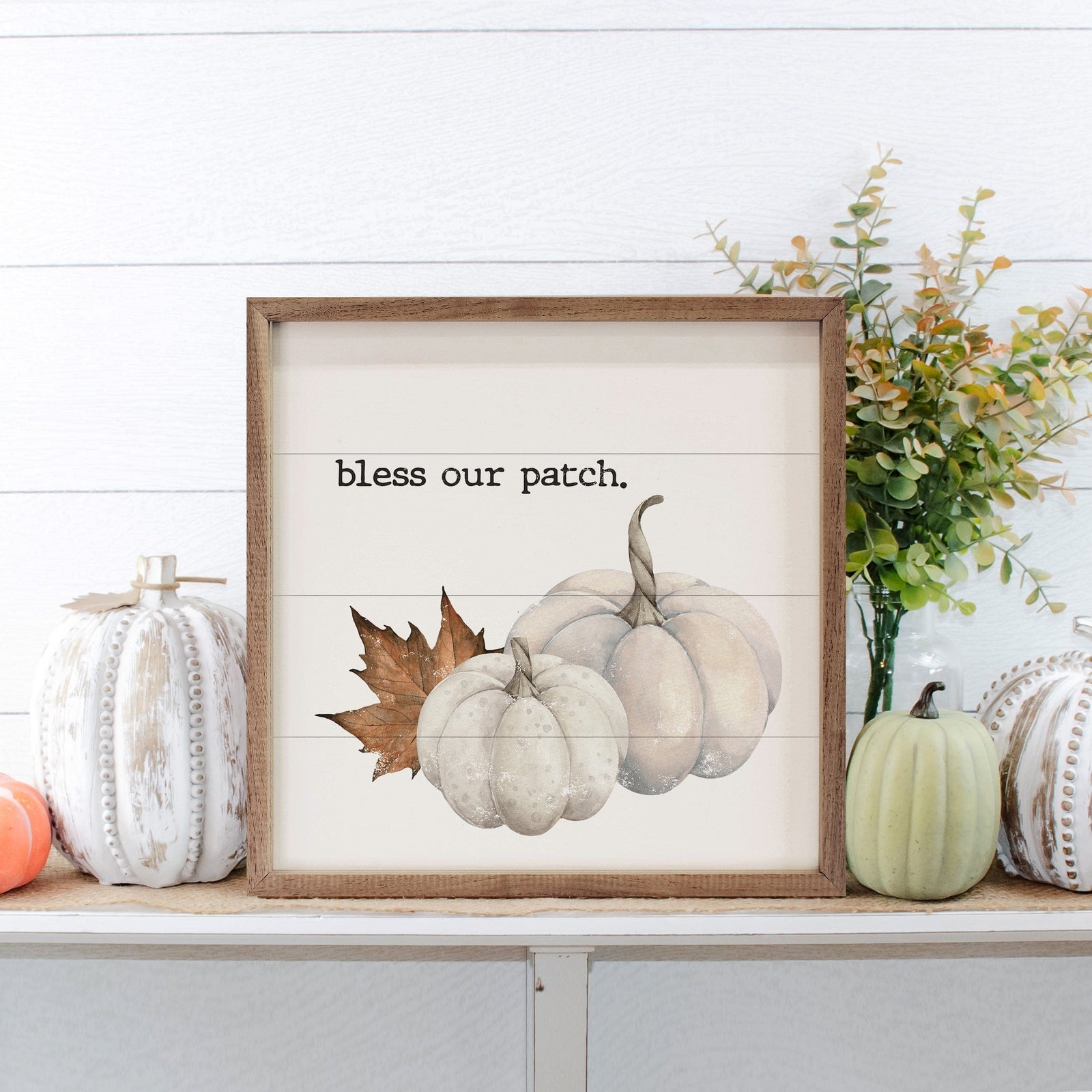 Kendrick Home Walnut Frames 4x4 Bless Our Patch White Pumpkins Printed and Framed Wall Sign