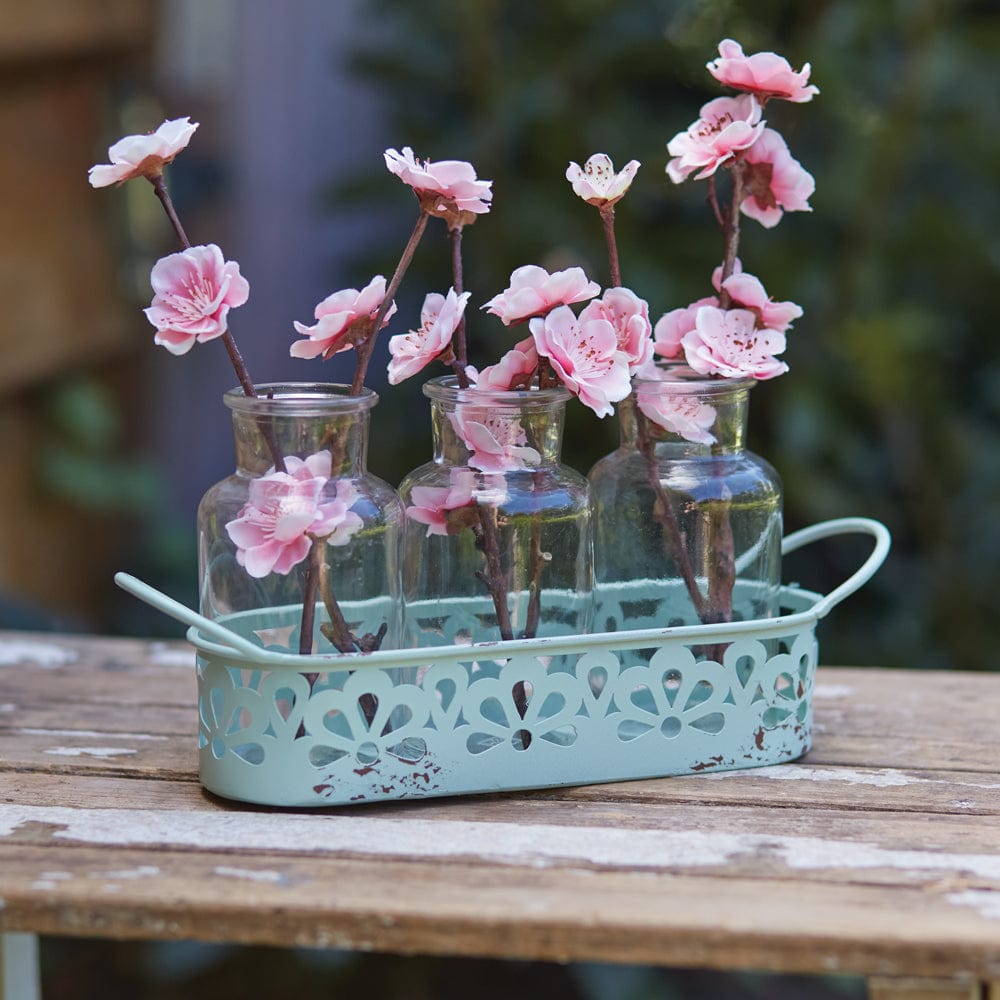 Blue Decorative Three-Jar Flower Vase Caddy / Carrier With Handles