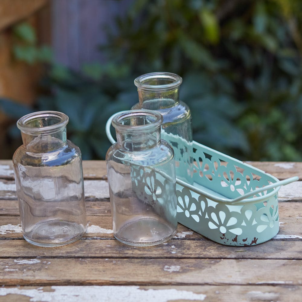 Blue Decorative Three-Jar Flower Vase Caddy / Carrier With Handles