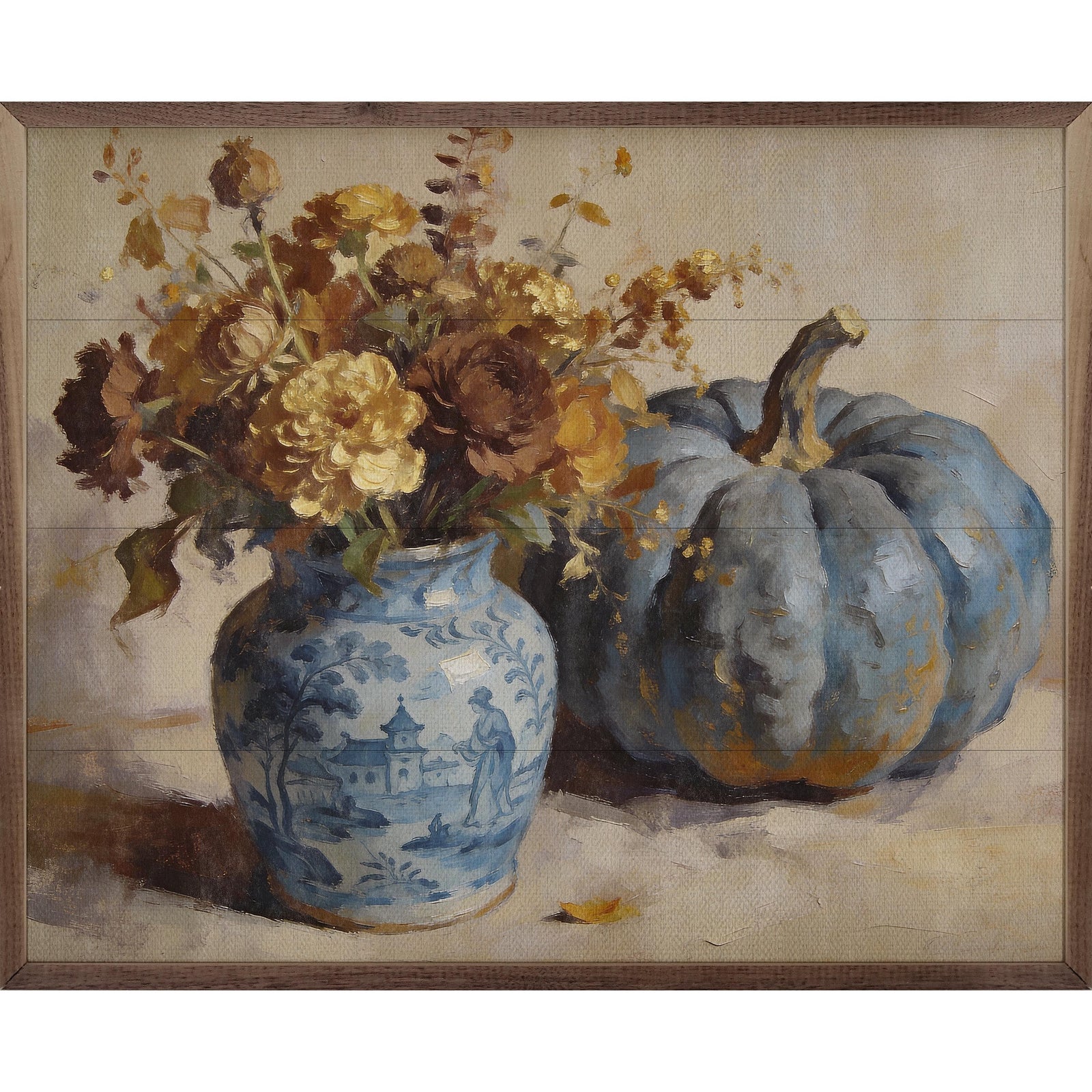 Kendrick Home Walnut Frames 10x8 Blue Pumpkin And Floral Arrangement Printed and Framed Wall Sign