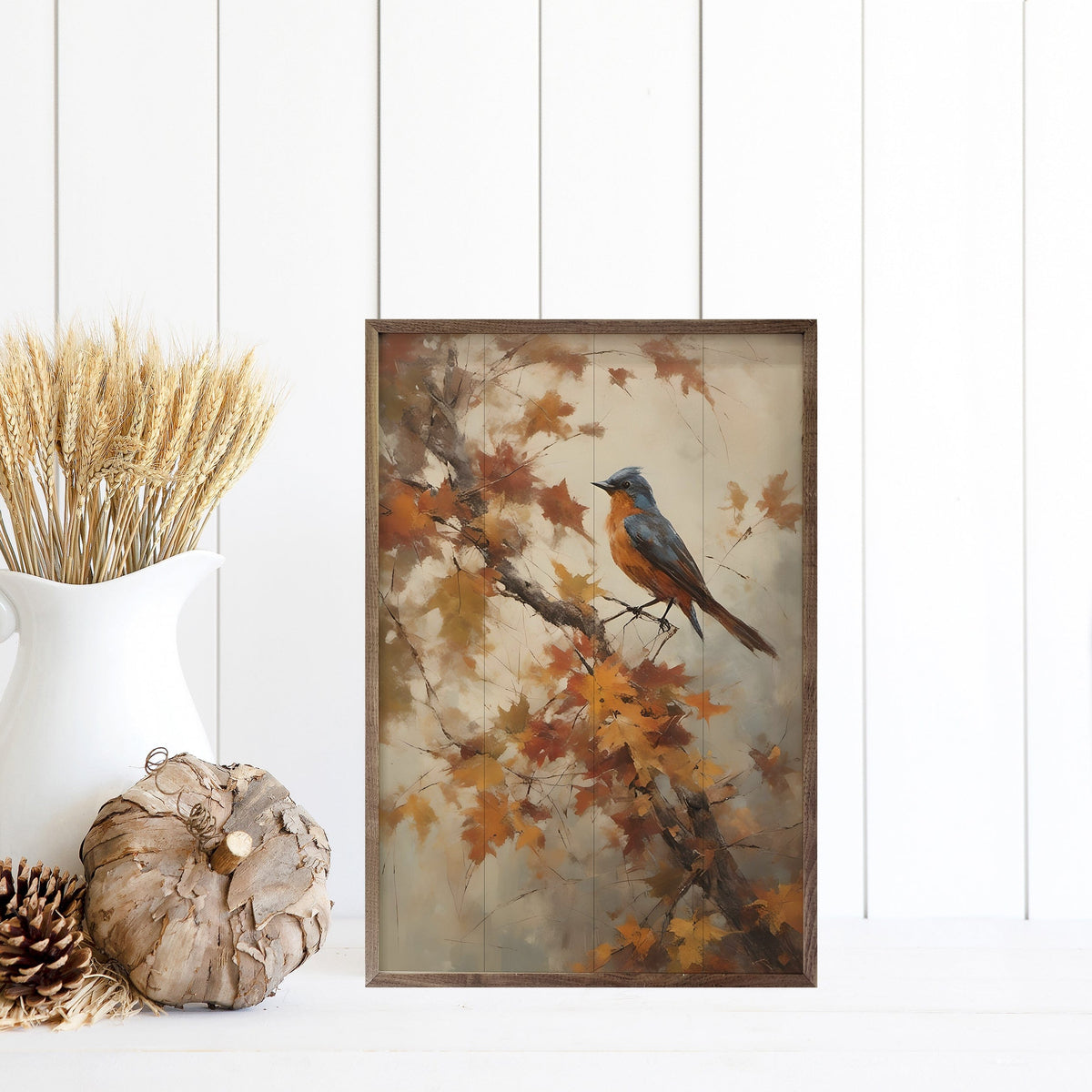 Kendrick Home Walnut Frames Bluebird On Fall Branch Printed and Framed Wall Sign