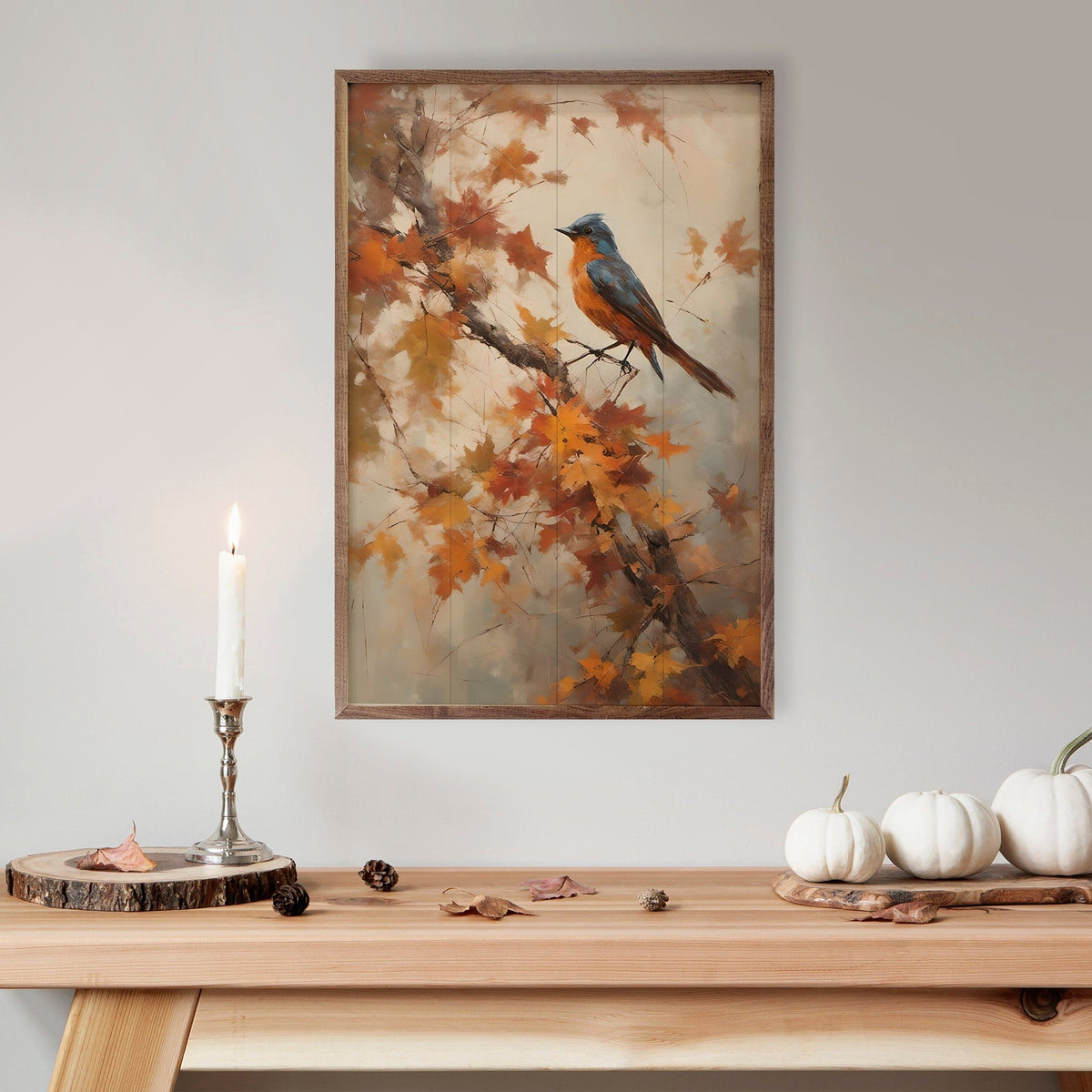 Kendrick Home Walnut Frames Bluebird On Fall Branch Printed and Framed Wall Sign