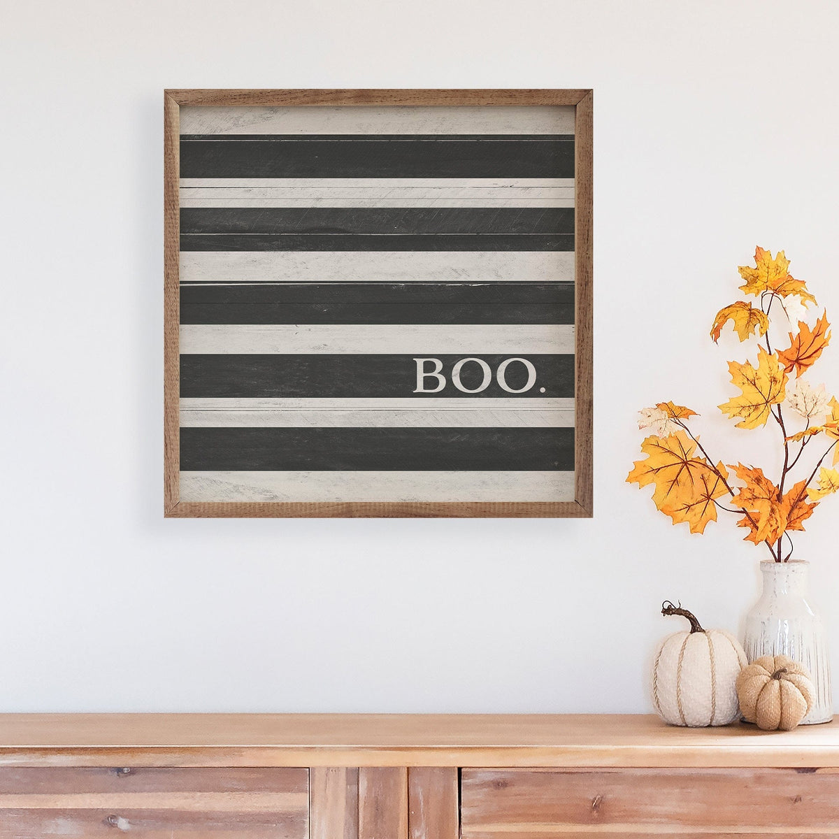 Kendrick Home Walnut Frames Boo White And Black Stripe Printed and Framed Wall Sign