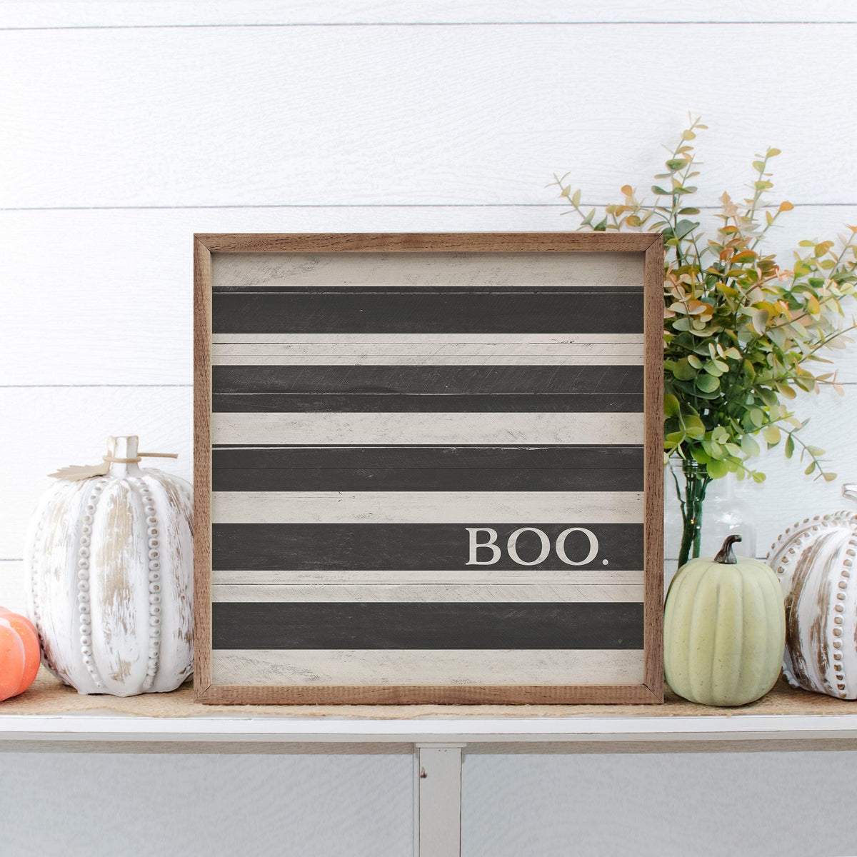 Kendrick Home Walnut Frames Boo White And Black Stripe Printed and Framed Wall Sign