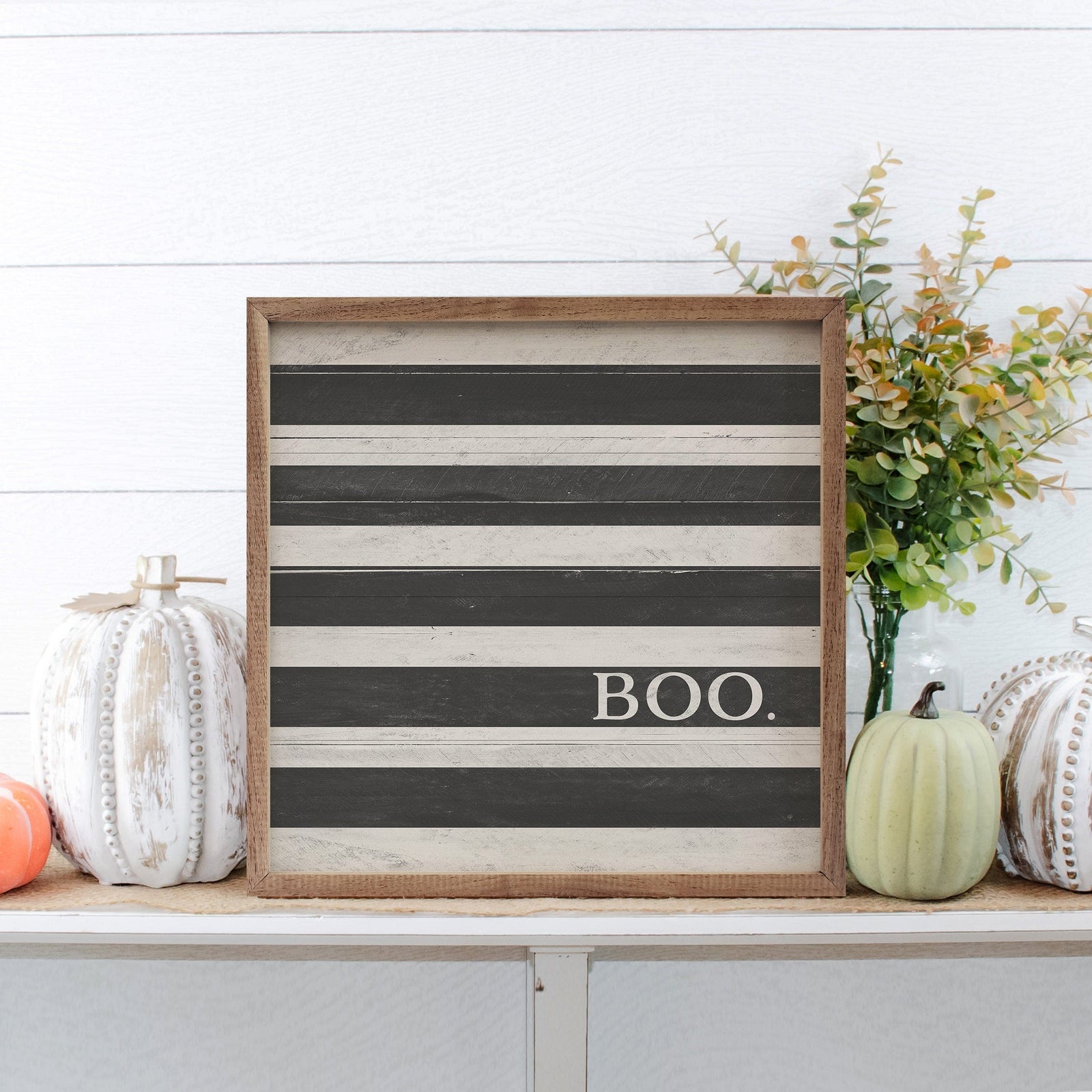 Kendrick Home Walnut Frames 4x4 Boo White And Black Stripe Printed and Framed Wall Sign
