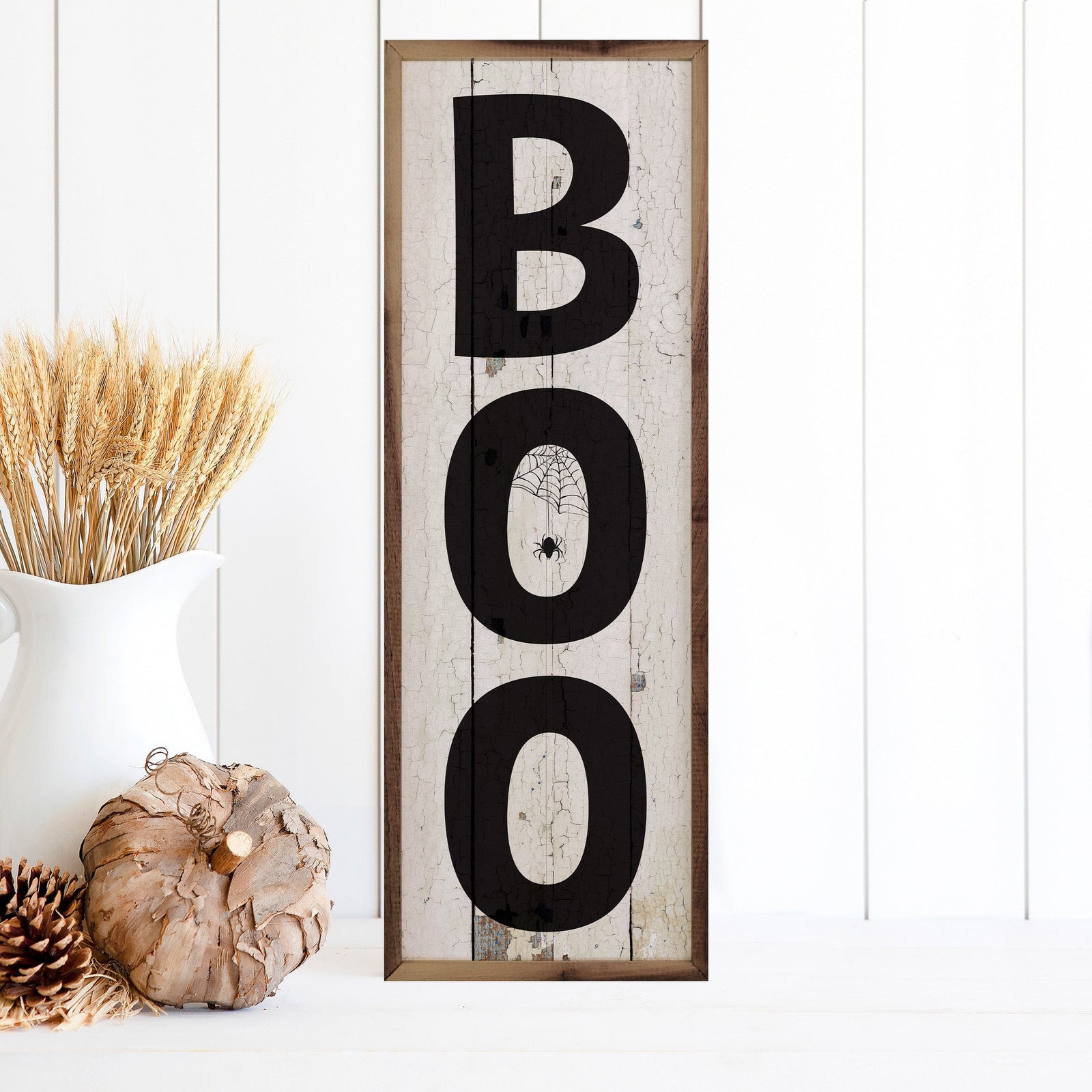 Kendrick Home Walnut Frames 4x12 BOO Whitewash Printed and Framed Wall Sign