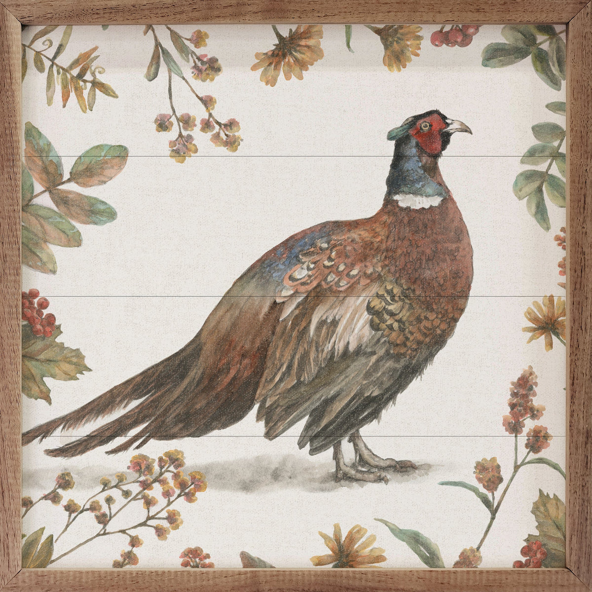 Kendrick Home Walnut Frames 4x4 Bountiful Harvest II Pheasant By Leslie Trimbach Printed and Framed Wall Sign