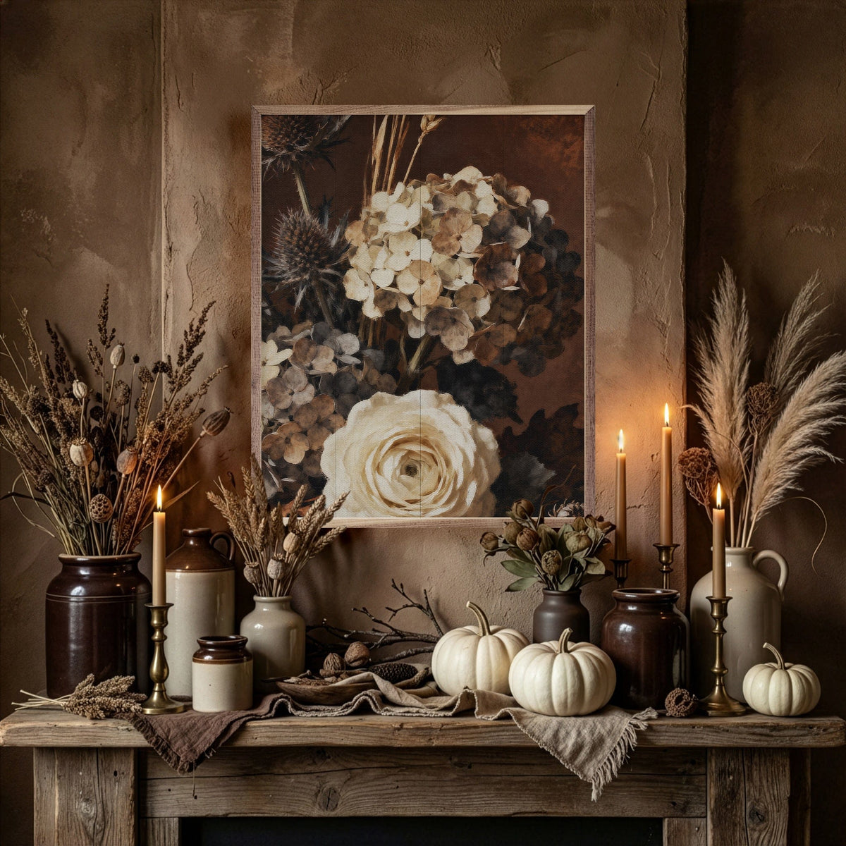 Kendrick Home Walnut Frames Brown Fall Large Flower Bouquet Printed and Framed Wall Sign