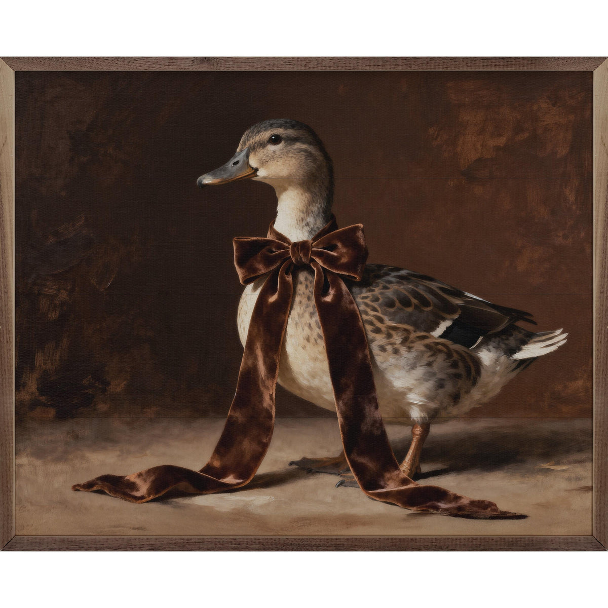 Kendrick Home Walnut Frames 10x8 Brown Velvet Bow Duck Looking Left Printed and Framed Wall Sign