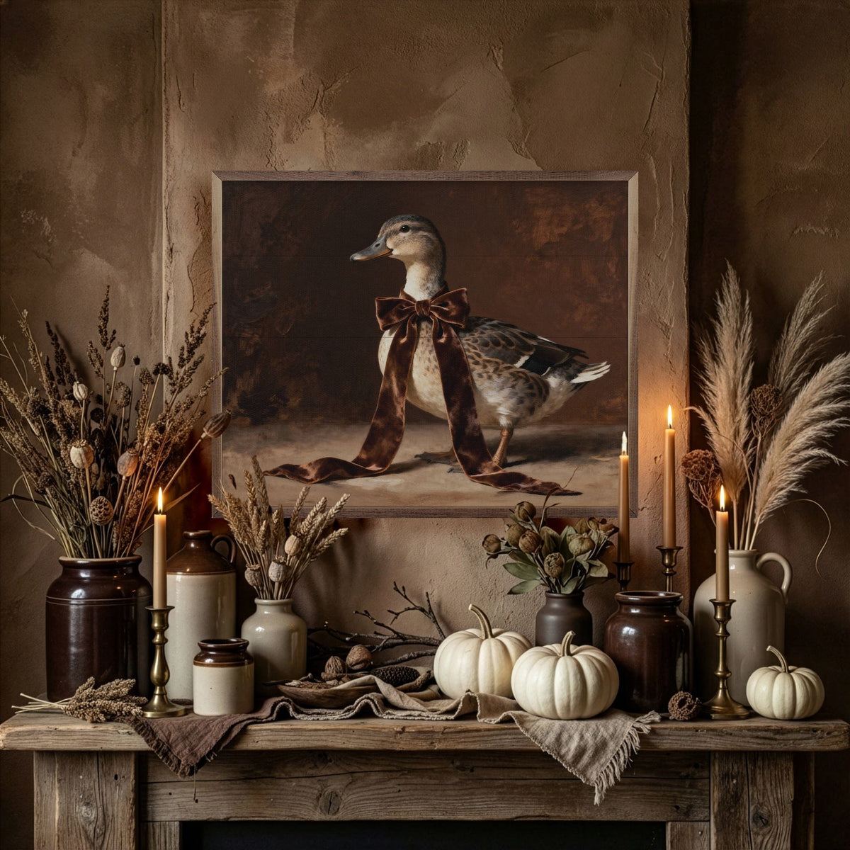 Kendrick Home Walnut Frames Brown Velvet Bow Duck Looking Left Printed and Framed Wall Sign
