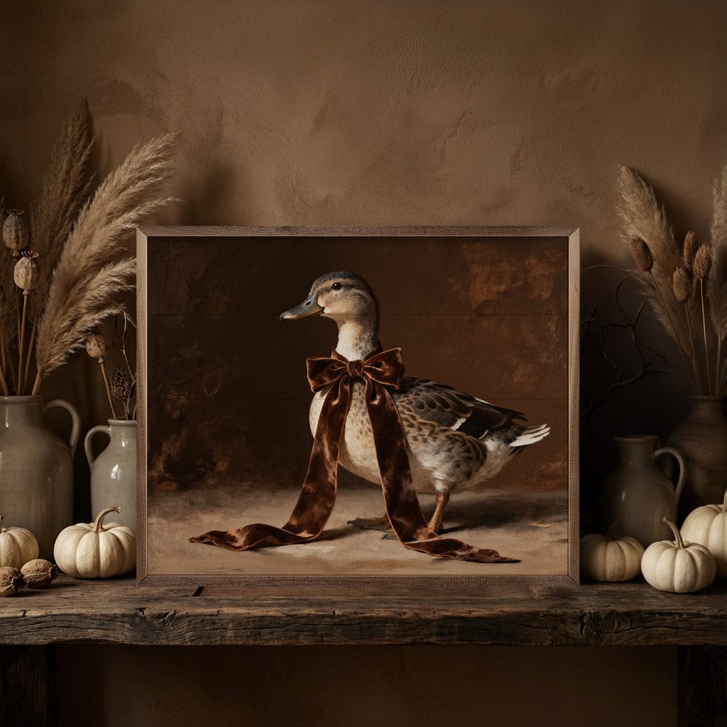 Kendrick Home Walnut Frames Brown Velvet Bow Duck Looking Left Printed and Framed Wall Sign