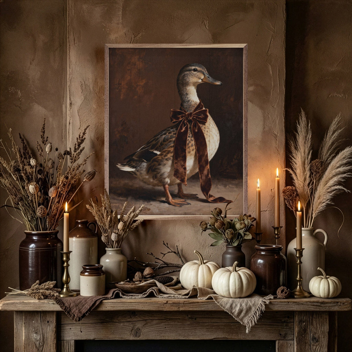 Kendrick Home Walnut Frames Brown Velvet Bow Duck Looking Right Printed and Framed Wall Sign
