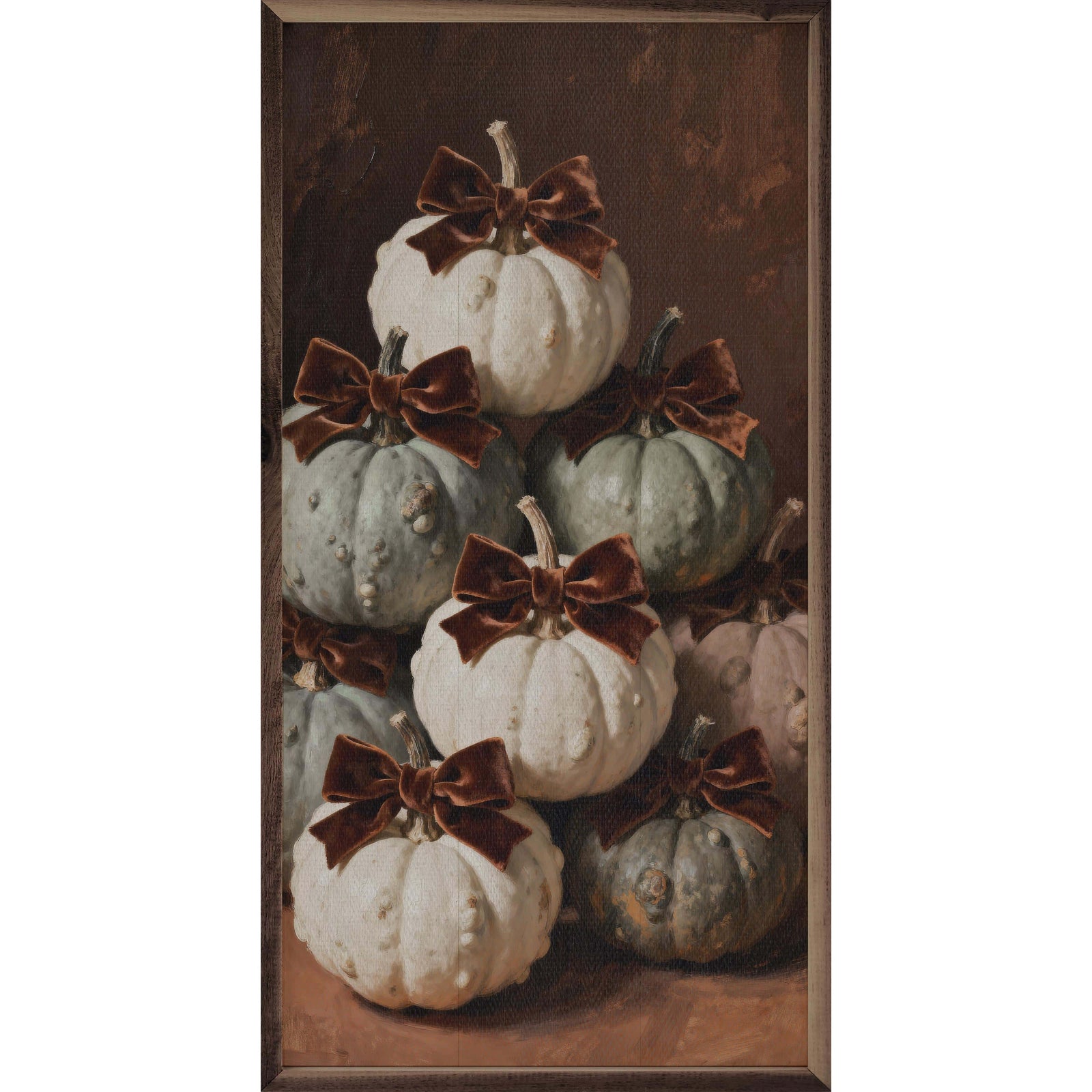 Kendrick Home Walnut Frames 8x16 Brown Velvet Bow Mini Pumpkins Printed and Framed Wall Sign