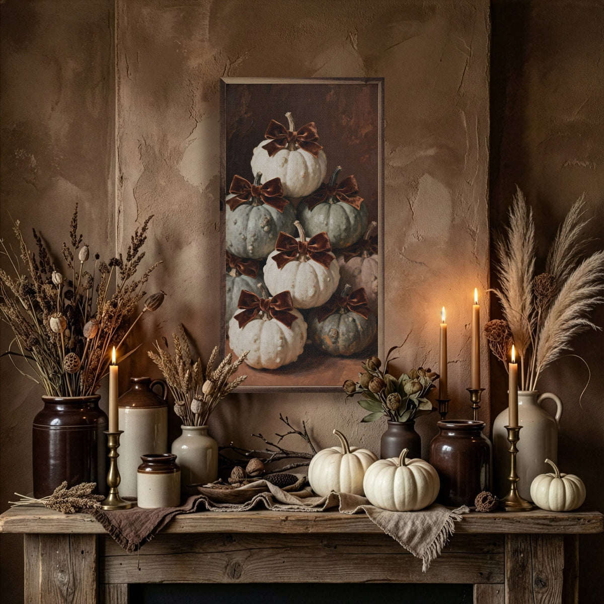 Kendrick Home Walnut Frames Brown Velvet Bow Mini Pumpkins Printed and Framed Wall Sign