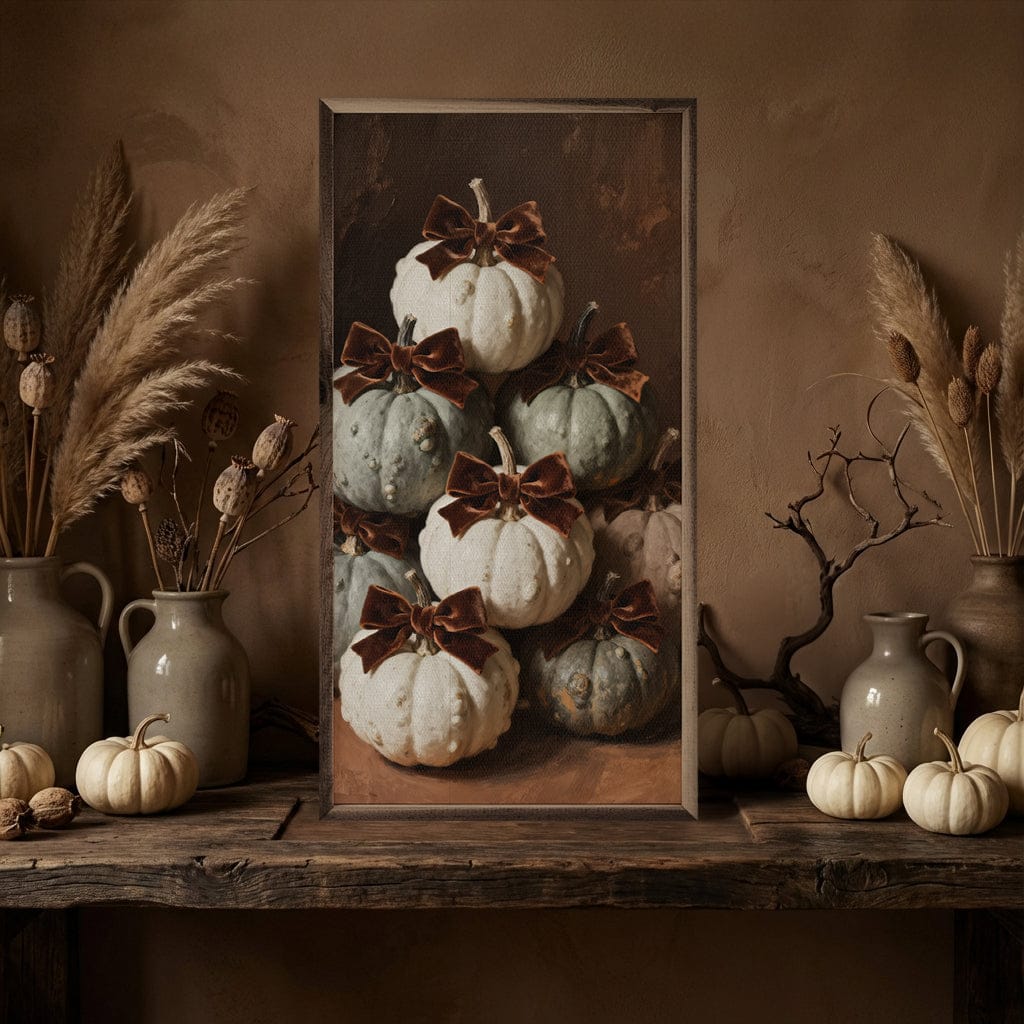 Kendrick Home Walnut Frames Brown Velvet Bow Mini Pumpkins Printed and Framed Wall Sign