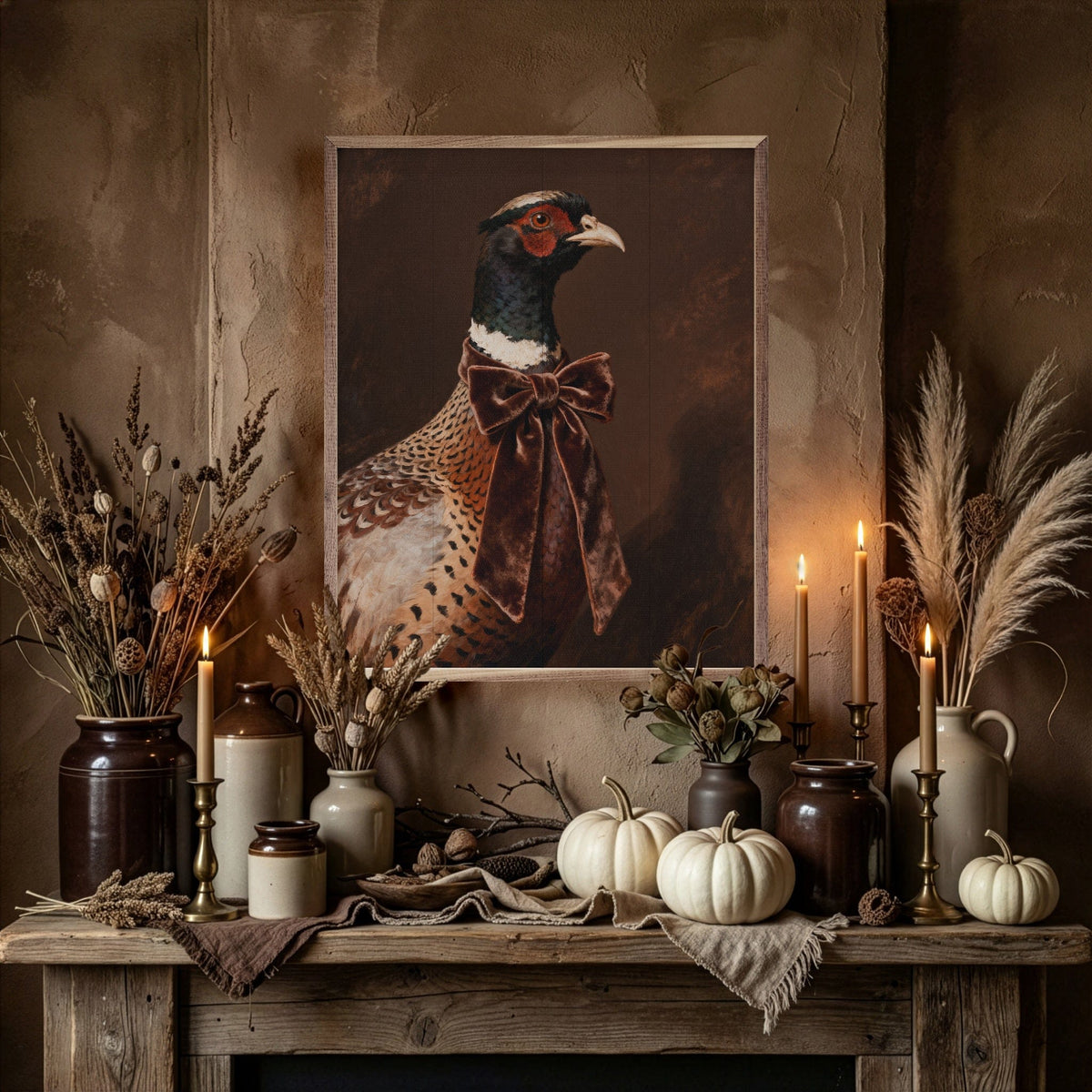 Kendrick Home Walnut Frames Brown Velvet Bow Pheasant Printed and Framed Wall Sign