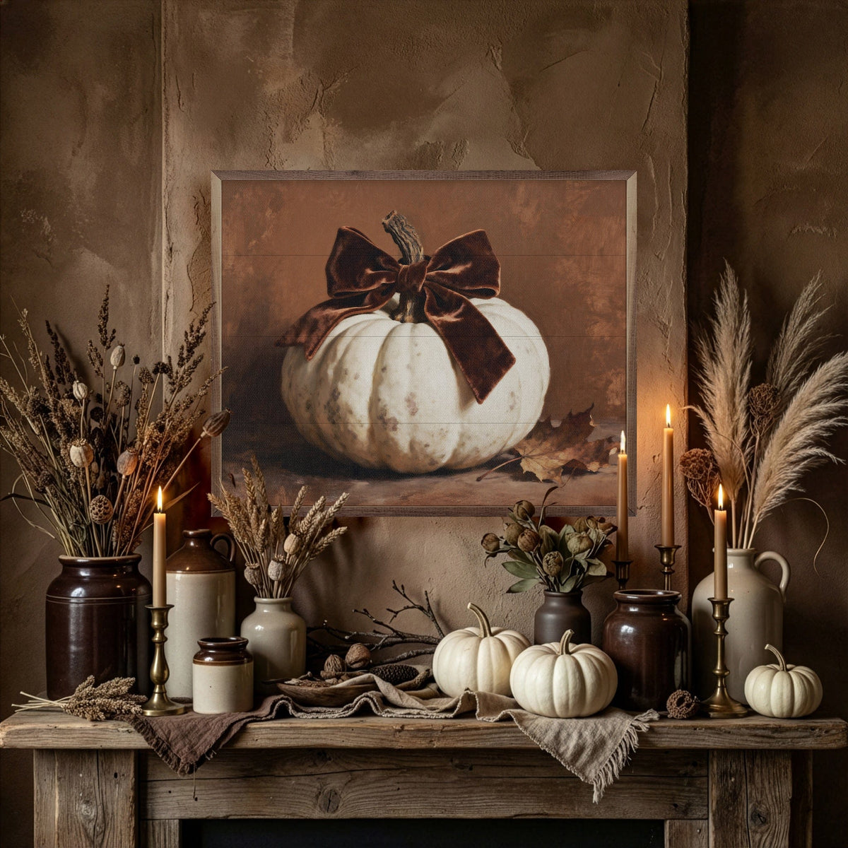 Kendrick Home Walnut Frames Brown Velvet Bow Pumpkin Printed and Framed Wall Sign