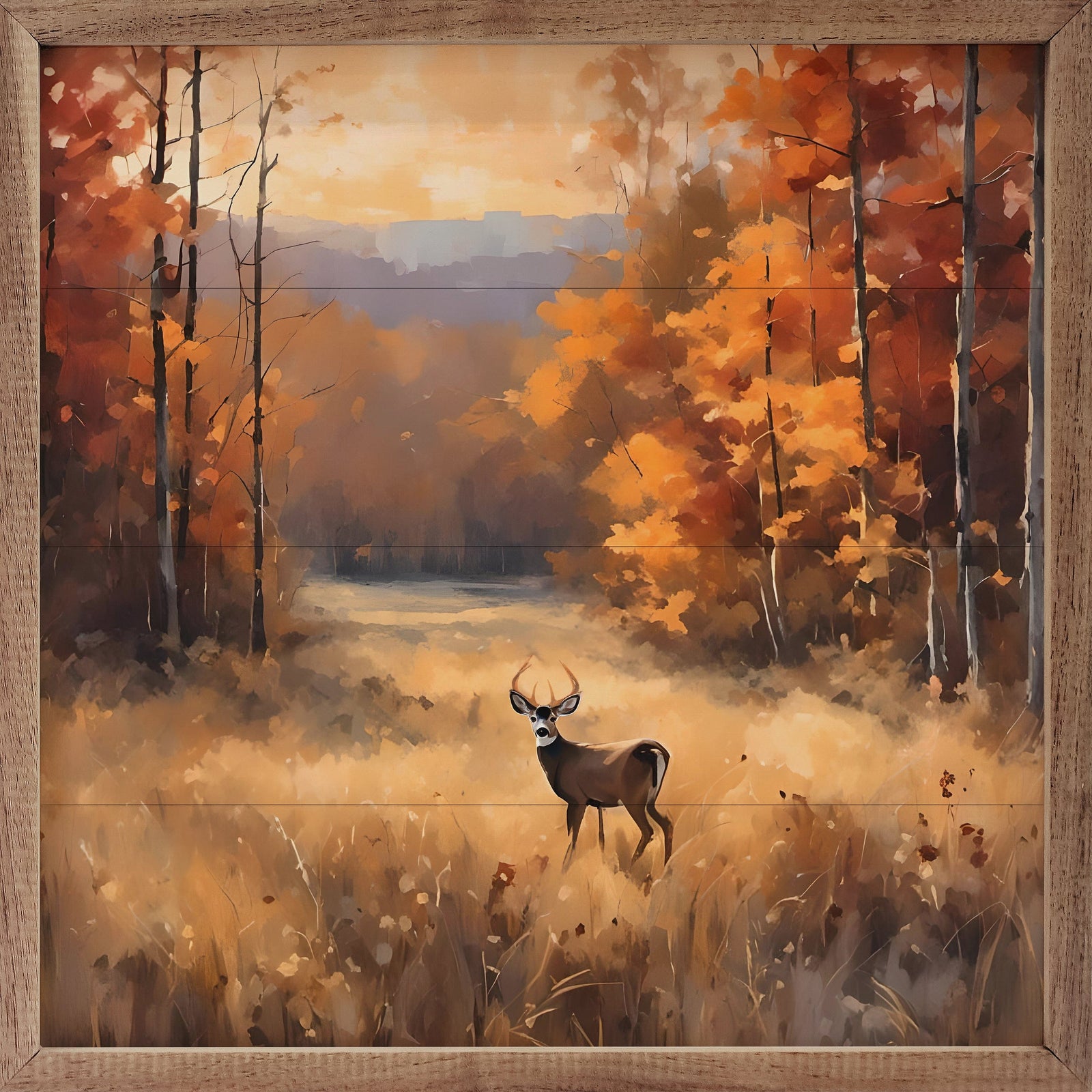 Kendrick Home Walnut Frames 4x4 Buck In Fall Timber Printed and Framed Wall Sign