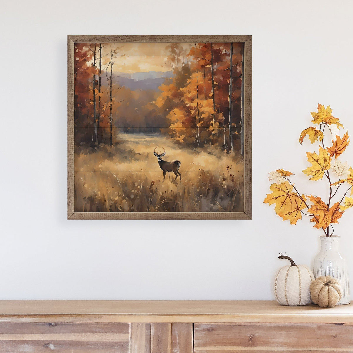 Kendrick Home Walnut Frames Buck In Fall Timber Printed and Framed Wall Sign