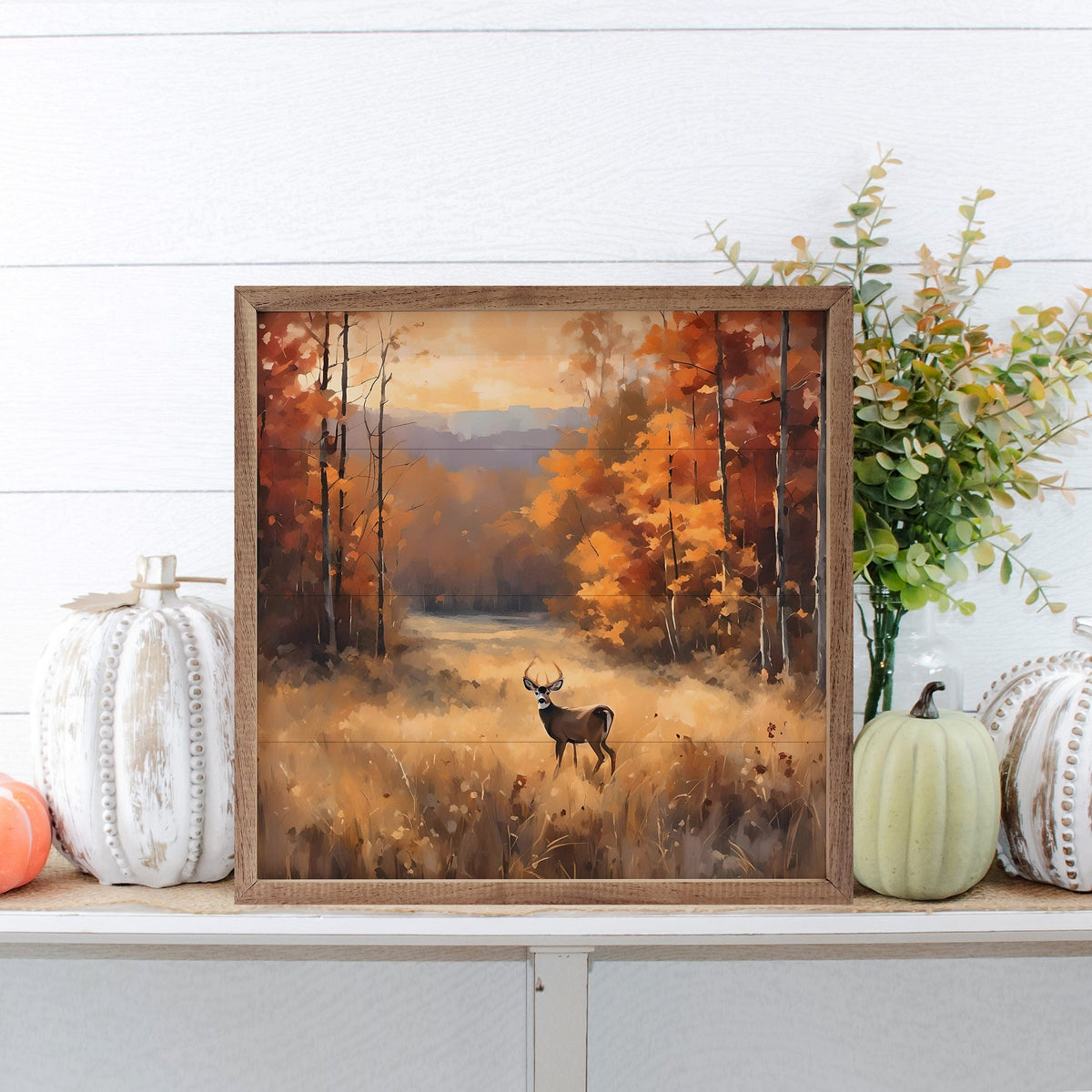 Kendrick Home Walnut Frames Buck In Fall Timber Printed and Framed Wall Sign