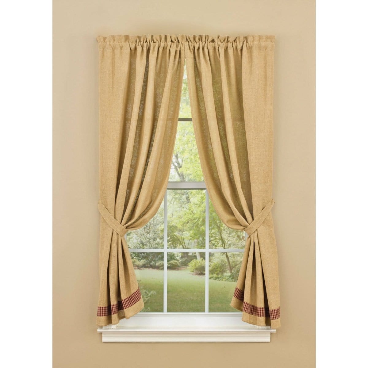 Burlap & Check in Wine Panel Pair With Tie Backs 63" Long Unlined-Park Designs-The Village Merchant