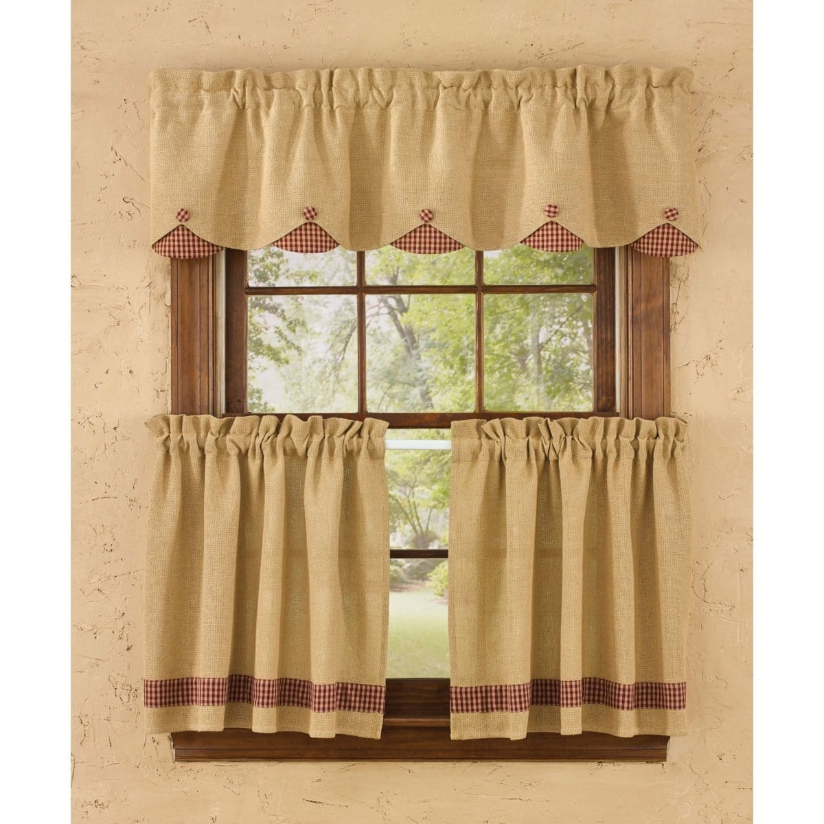 Burlap &amp; Check In Wine Scalloped Valance Lined-Park Designs-The Village Merchant