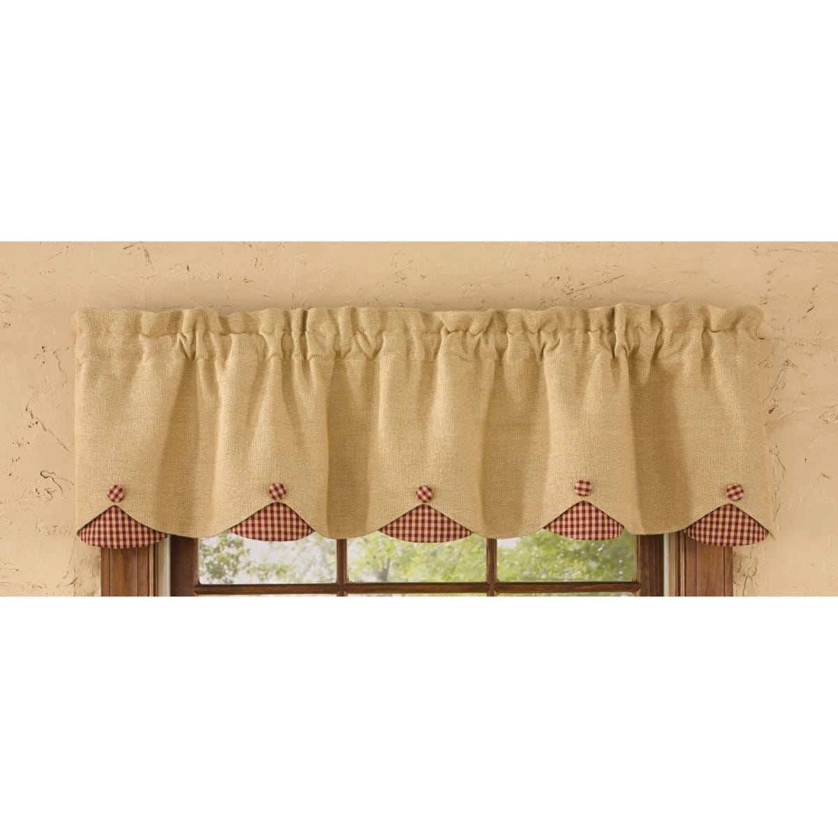 Burlap &amp; Check In Wine Scalloped Valance Lined-Park Designs-The Village Merchant
