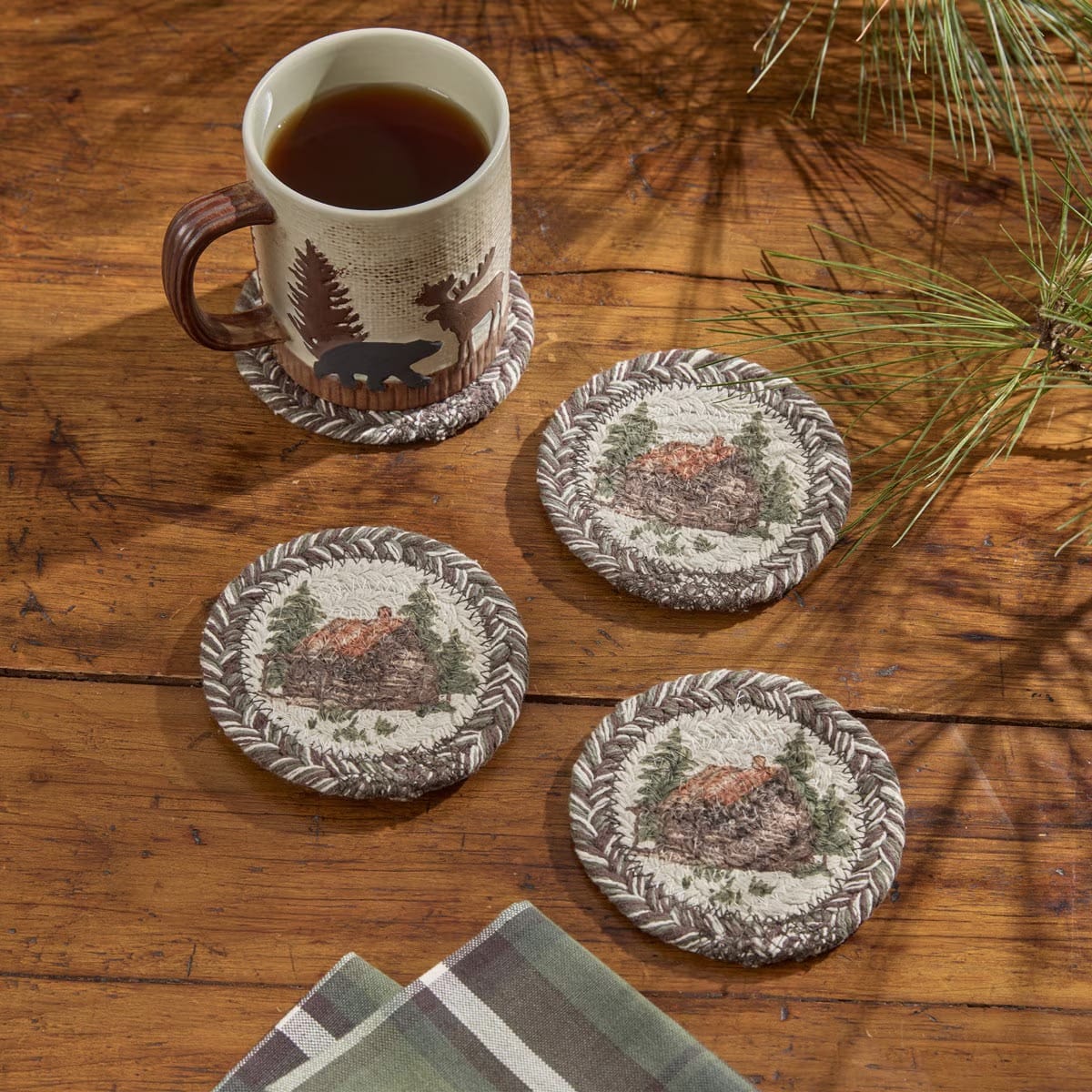 Park Designs Coasters Cabin Braided & Printed Coaster Round Set of 4