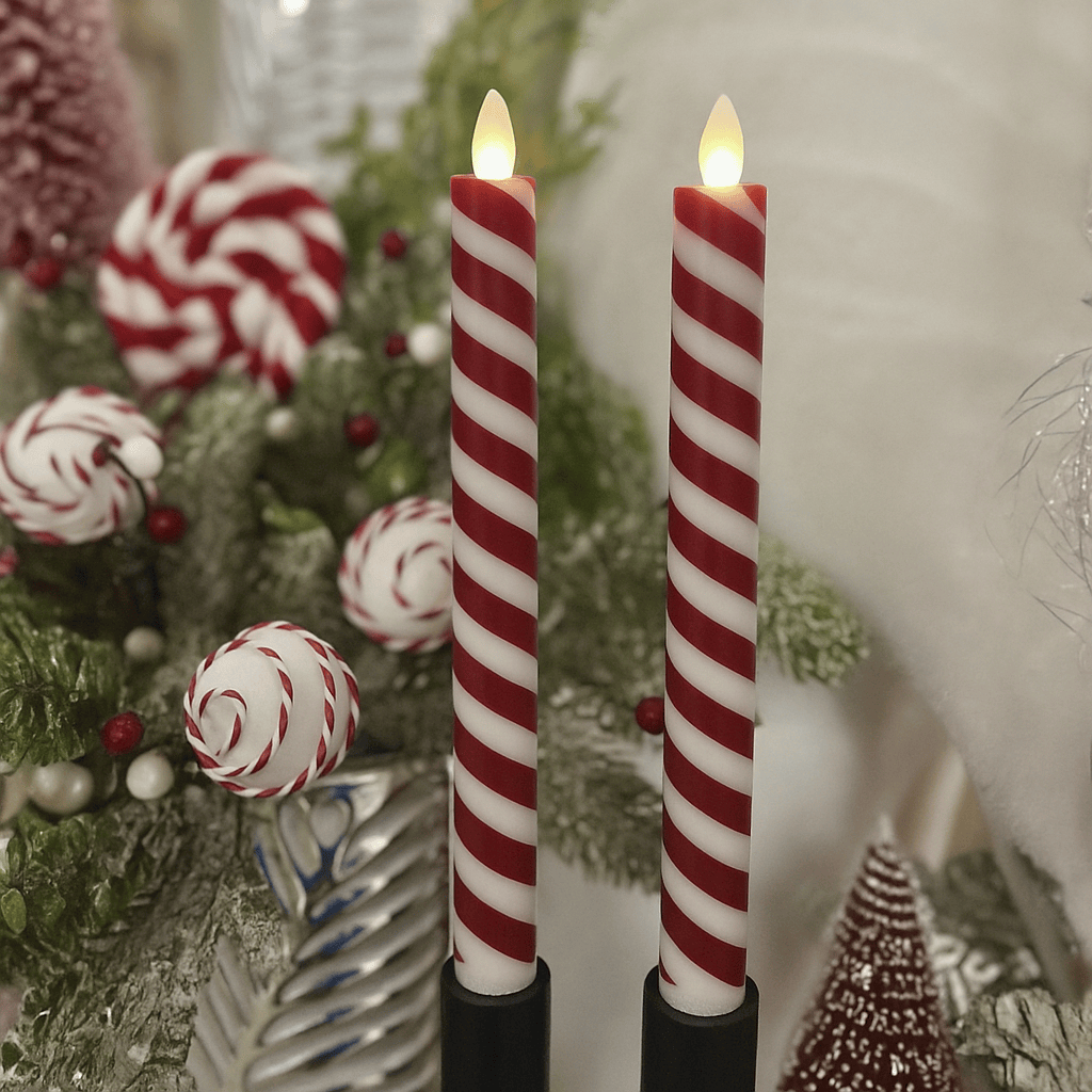 Candy Cane  LED Battery Candle With Moving Flame & Timer 10" High Set of 2