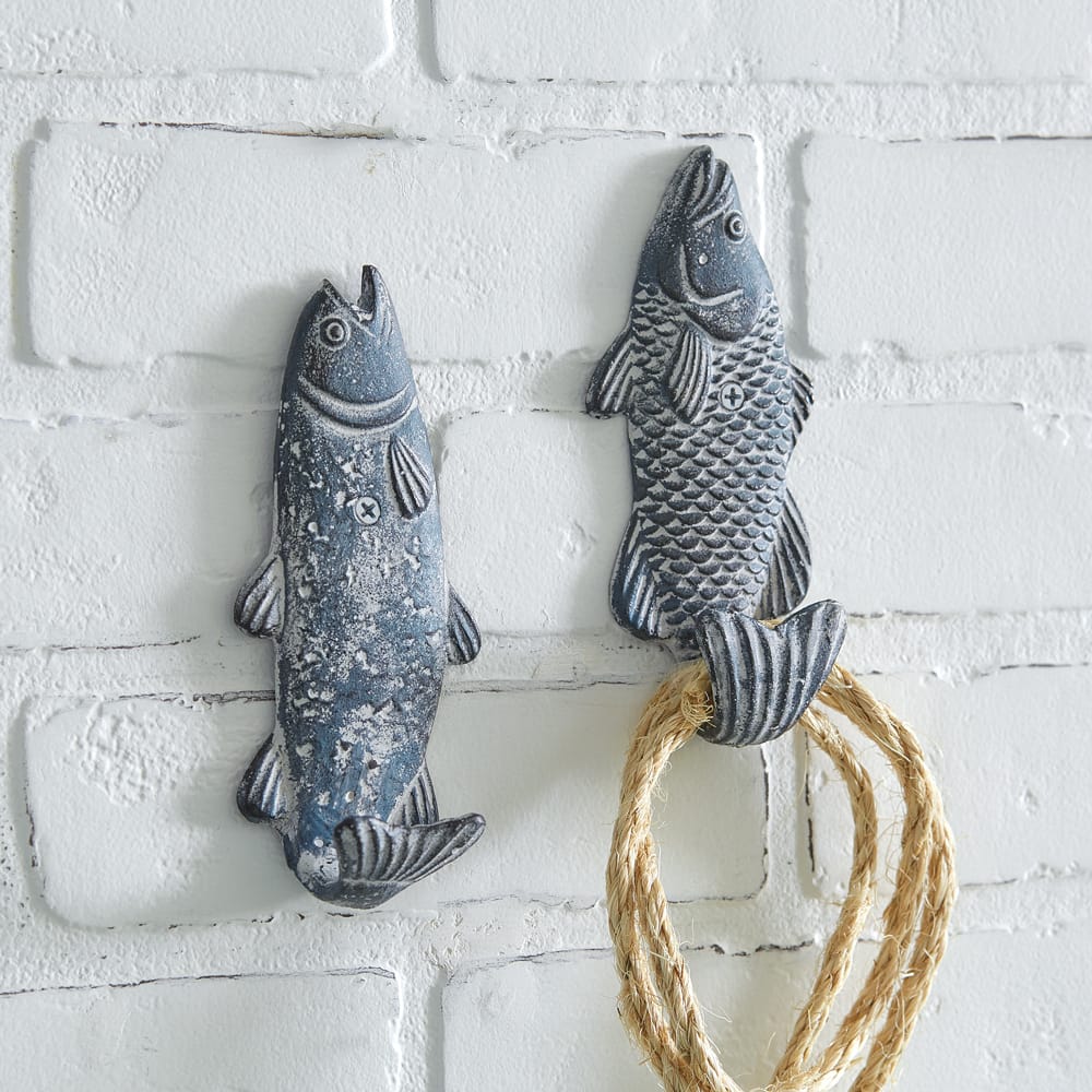 CTW Home Hooks Cast Iron Swimming Fish Decorative Hooks Set of 2 Assorted