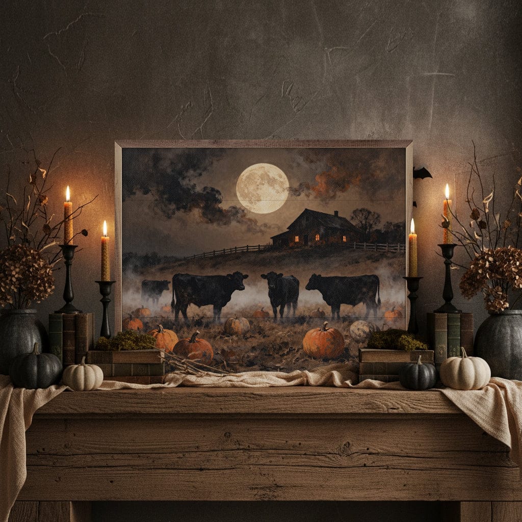 Kendrick Home Walnut Frames Cattle In Pumpkin Field
