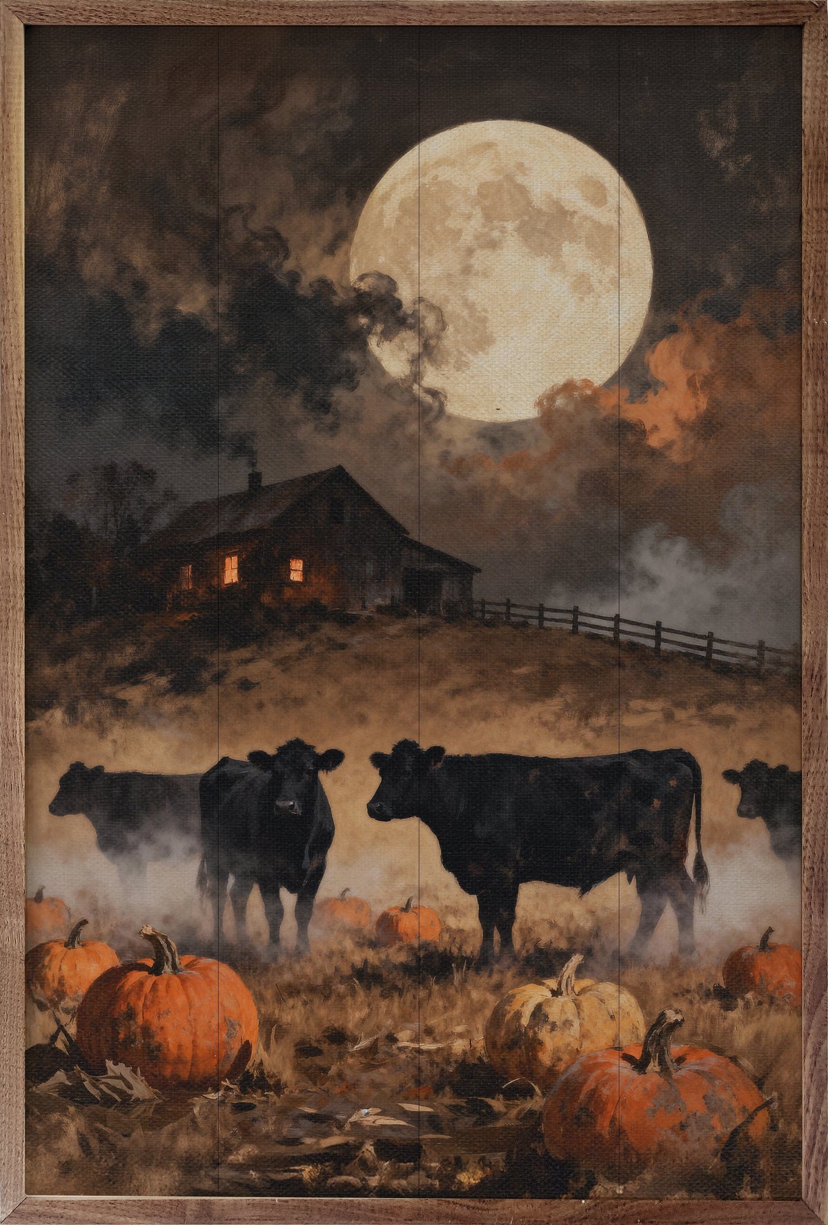 Kendrick Home Walnut Frames 5x8 Cattle Under The Fall Moon
