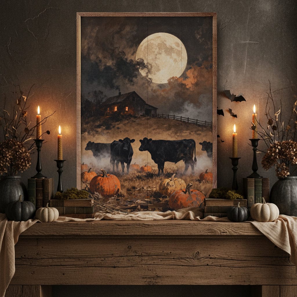 Kendrick Home Walnut Frames 5x8 Cattle Under The Fall Moon