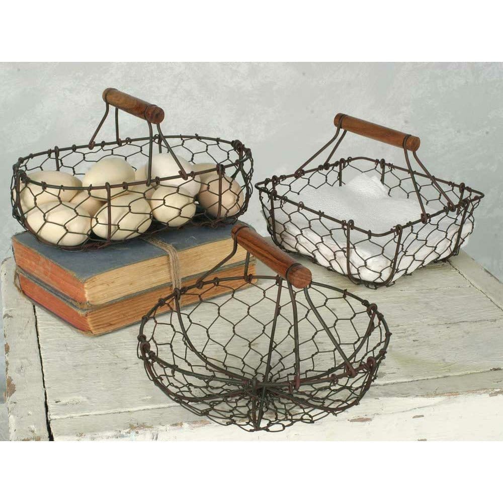Chicken Wire Basket With Wooden Handle Set of 3-CTW Home-The Village Merchant