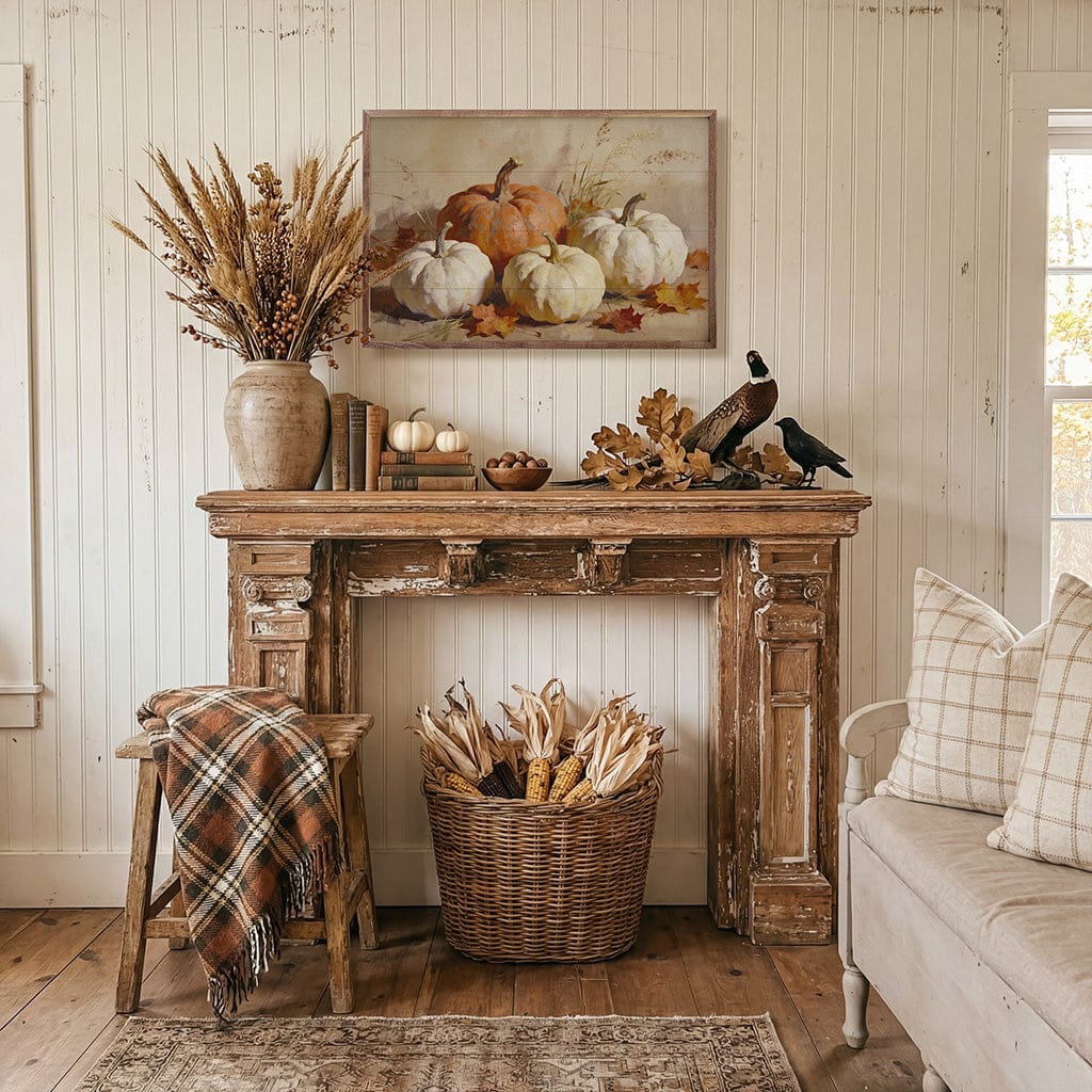 Kendrick Home Walnut Frames Classic Orange And White Pumpkin Gathering Printed and Framed Wall Sign