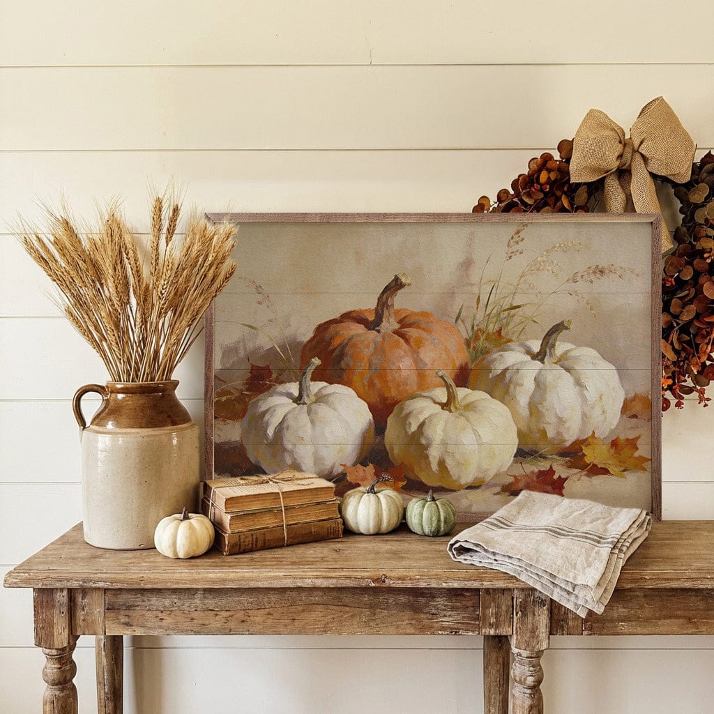 Kendrick Home Walnut Frames Classic Orange And White Pumpkin Gathering Printed and Framed Wall Sign