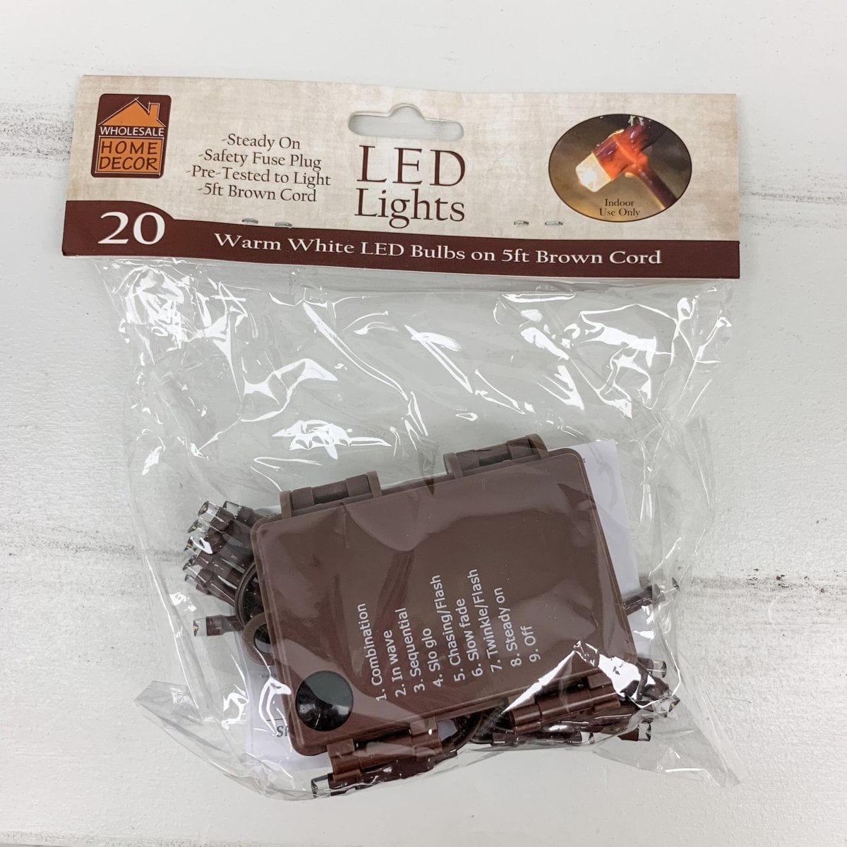 Clear LED Bulbs - Brown Cord 20 Count Set - 8 Multi Functions Light String / Set - Battery Powered w/ Timer-Wholesale Home Decor-The Village Merchant