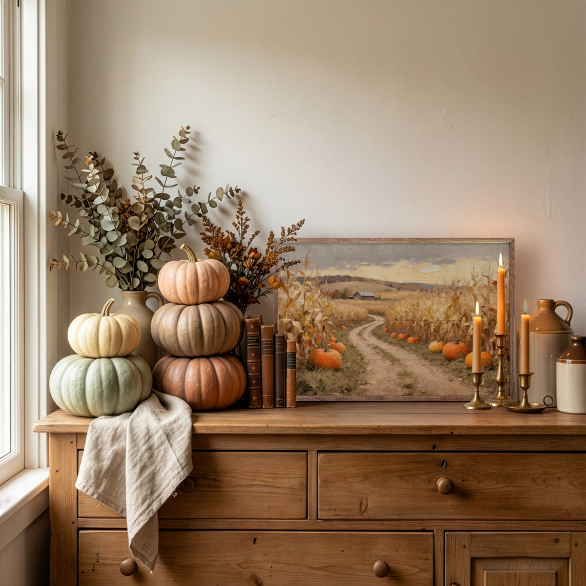 Kendrick Home Walnut Frames Corn Field Lane With Pumpkins Printed and Framed Wall Sign