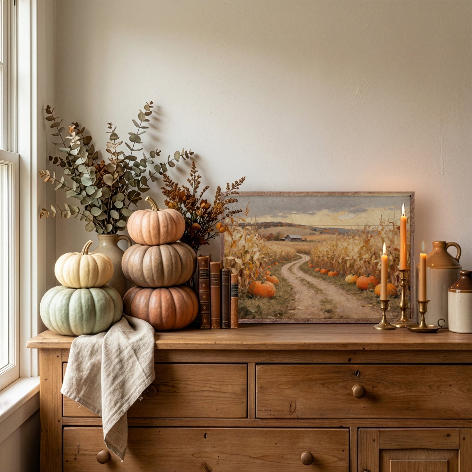 Kendrick Home Walnut Frames 8x5 Corn Field Lane With Pumpkins Printed and Framed Wall Sign