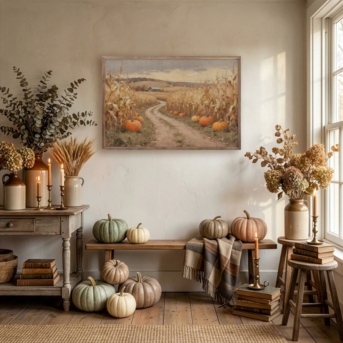 Kendrick Home Walnut Frames Corn Field Lane With Pumpkins Printed and Framed Wall Sign
