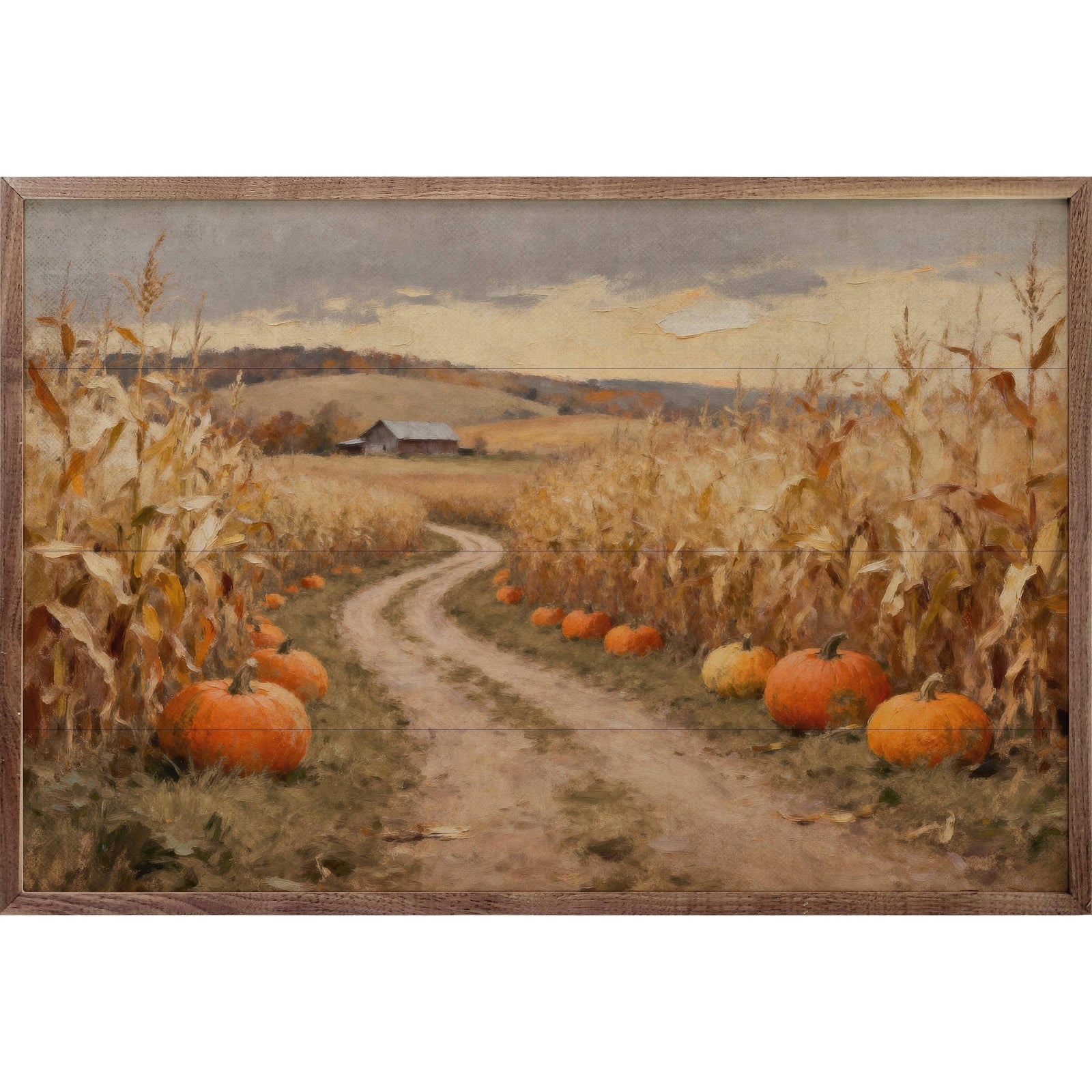 Kendrick Home Walnut Frames 8x5 Corn Field Lane With Pumpkins Printed and Framed Wall Sign