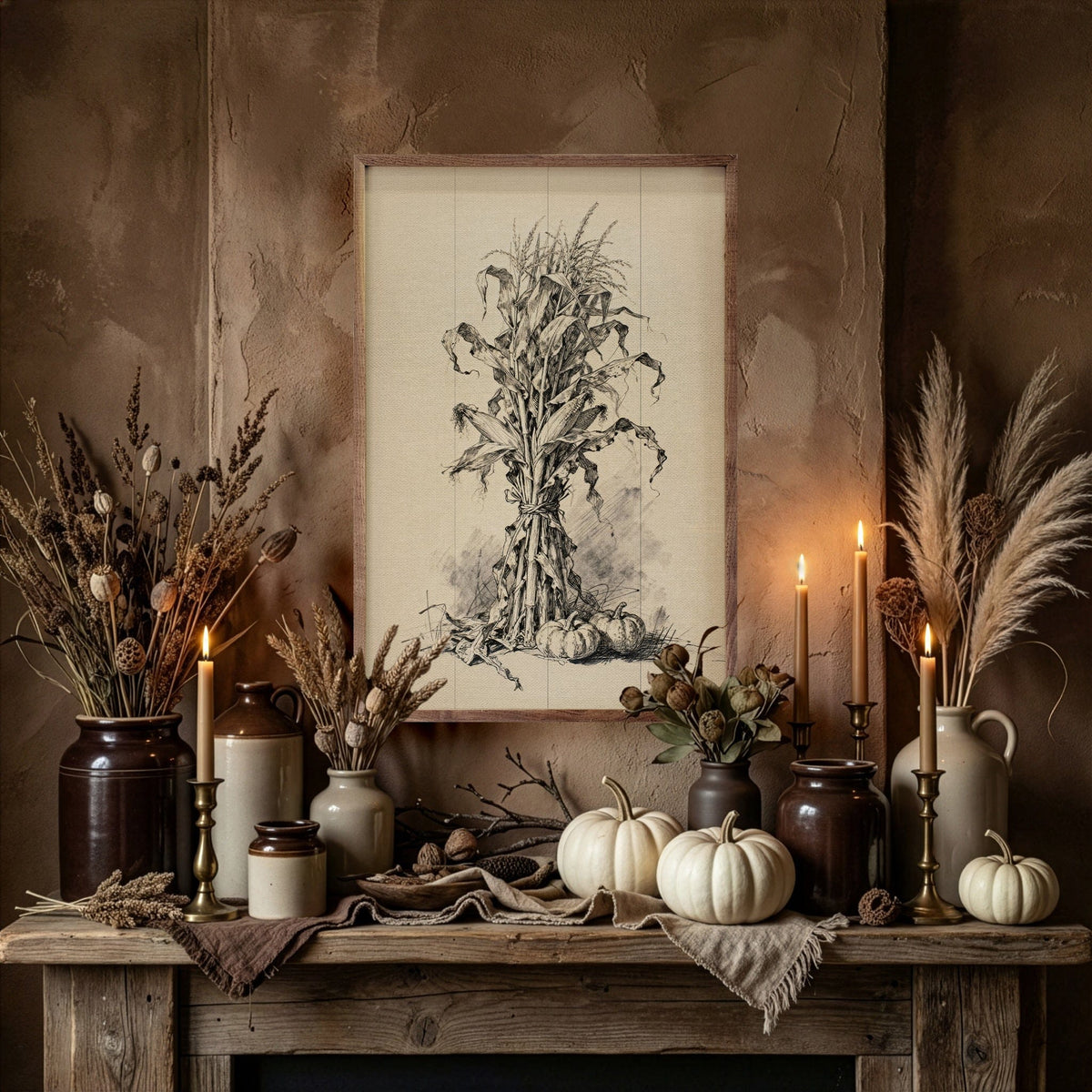 Kendrick Home Walnut Frames Corn Shock And Pumpkins Printed and Framed Wall Sign