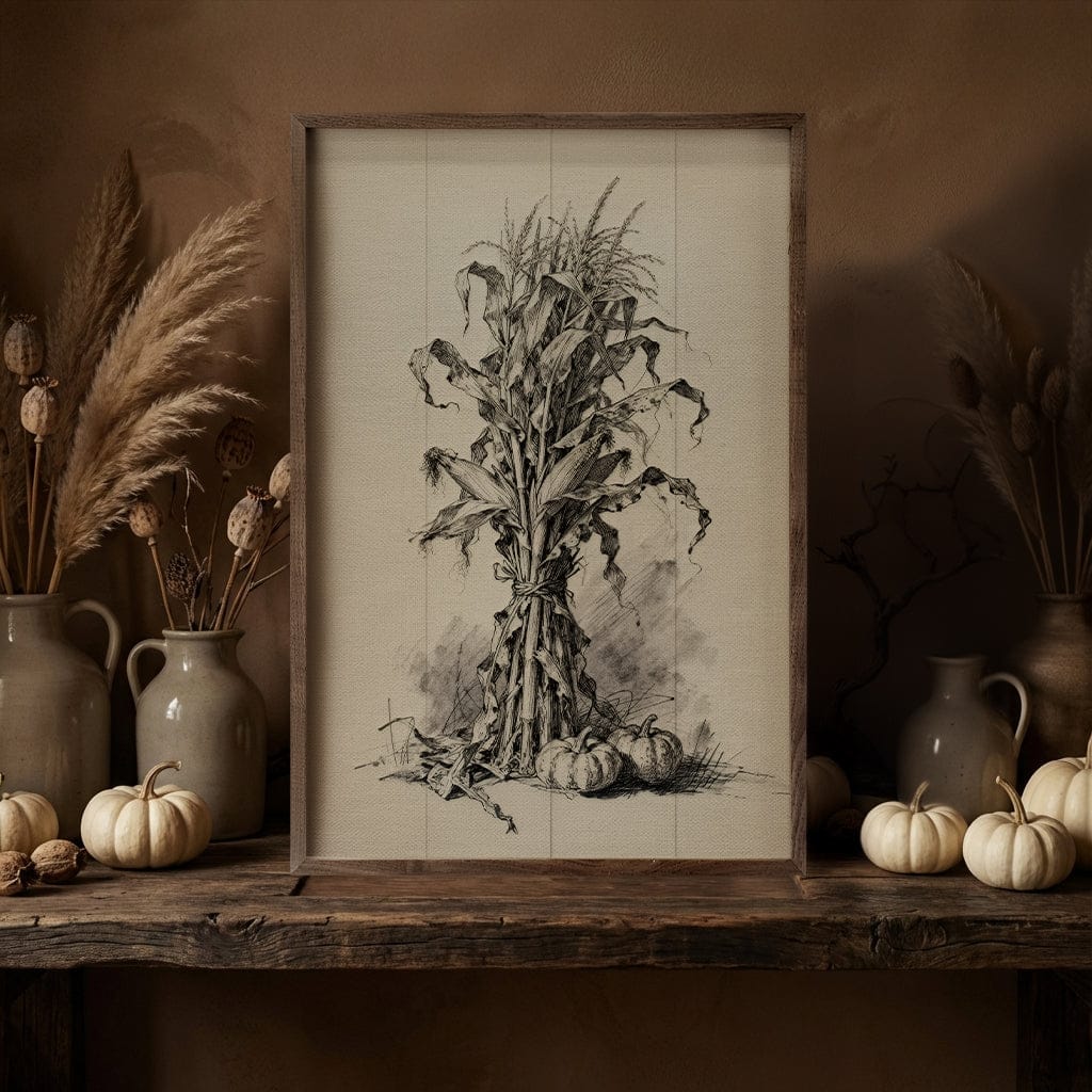 Kendrick Home Walnut Frames 5x8 Corn Shock And Pumpkins Printed and Framed Wall Sign