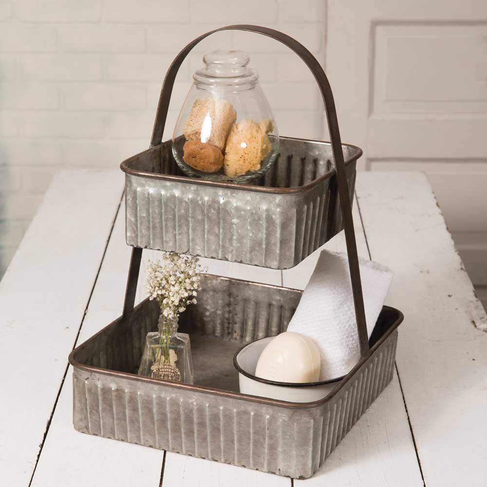 Corrugated Galvanized Metal Caddy / Tray / Stand With Handle Square 2 Tier-CTW Home-The Village Merchant