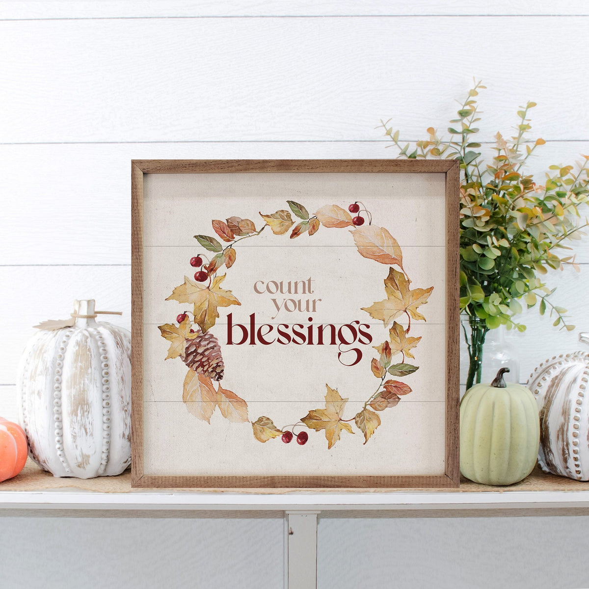 Kendrick Home Walnut Frames Count Your Blessings Autumn Wreath White Printed and Framed Wall Sign