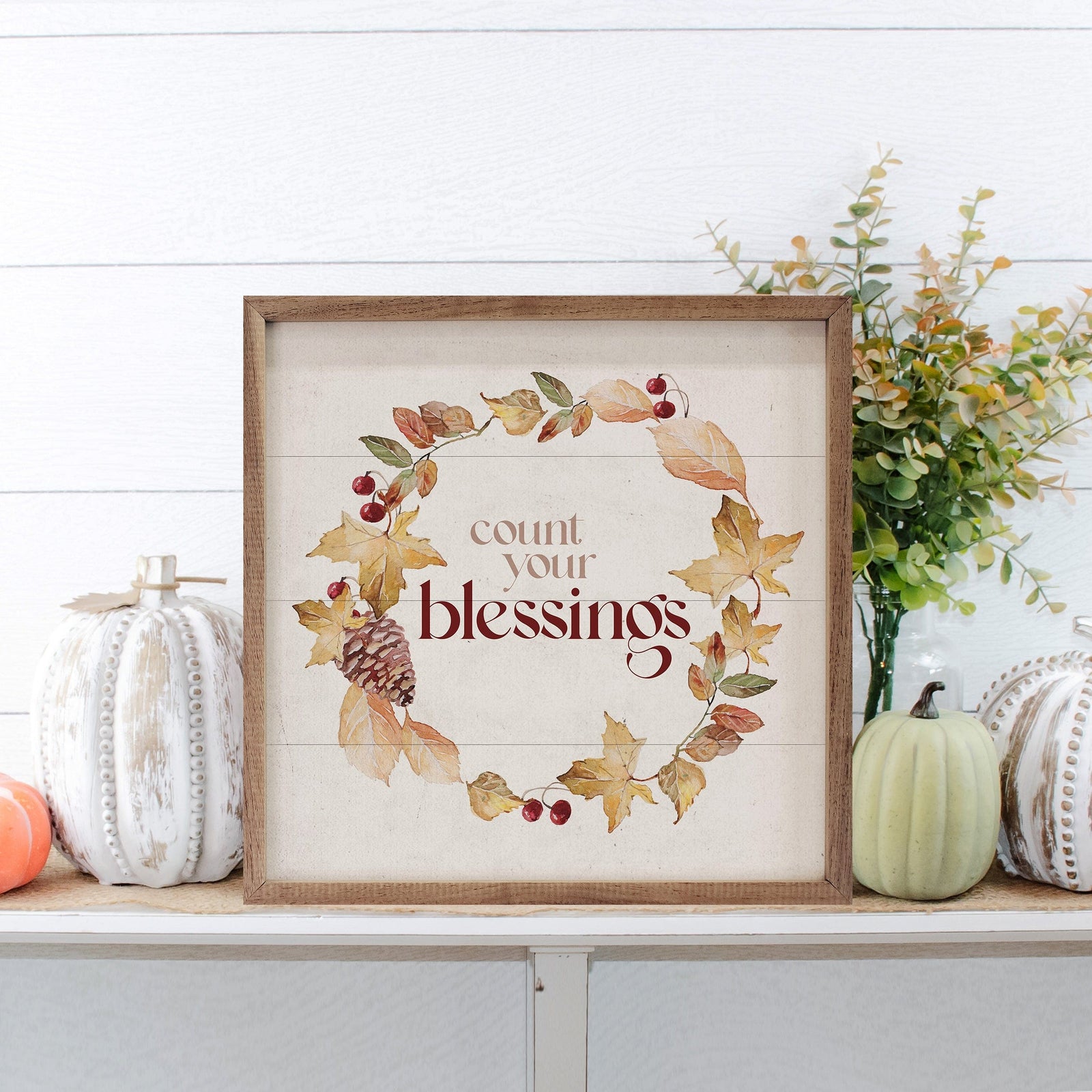 Kendrick Home Walnut Frames 4x4 Count Your Blessings Autumn Wreath White Printed and Framed Wall Sign