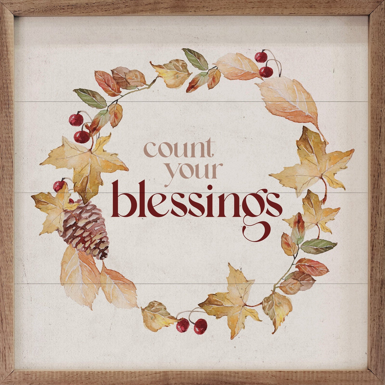 Kendrick Home Walnut Frames 4x4 Count Your Blessings Autumn Wreath White Printed and Framed Wall Sign