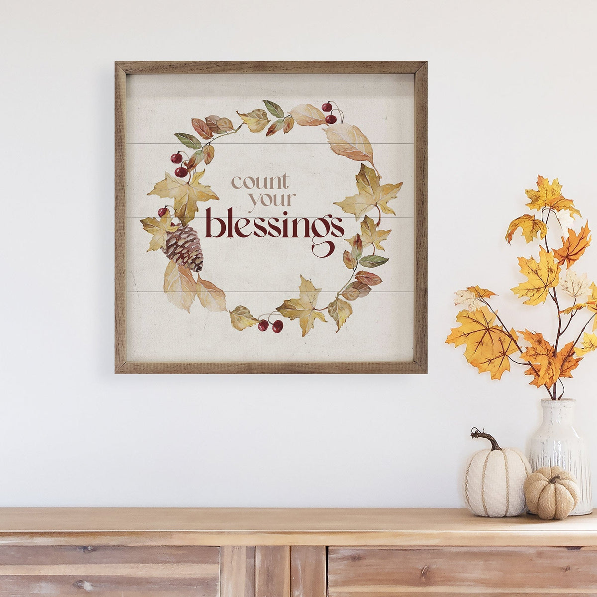 Kendrick Home Walnut Frames Count Your Blessings Autumn Wreath White Printed and Framed Wall Sign