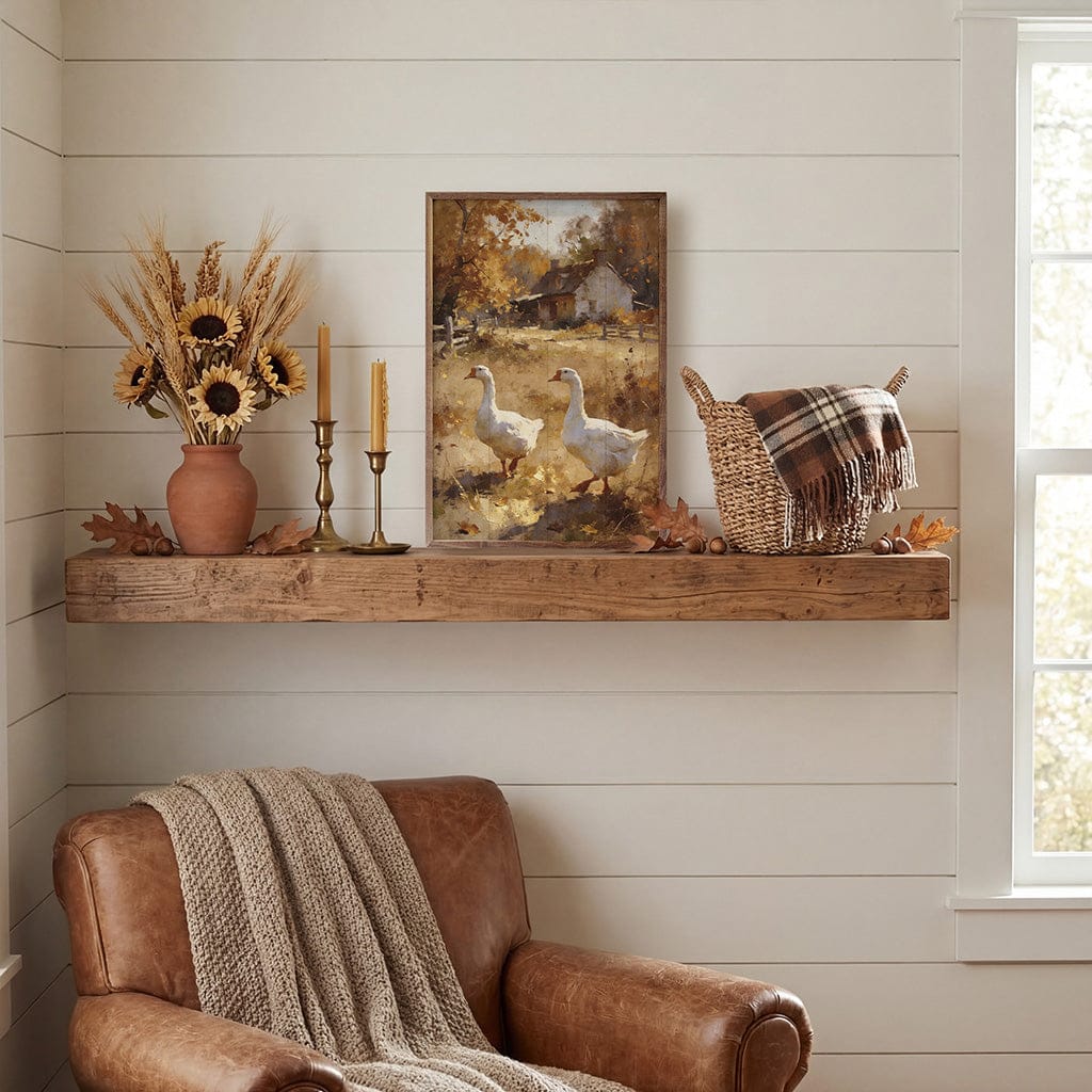 Kendrick Home Walnut Frames Country Geese In Autumn Field Printed and Framed Wall Sign